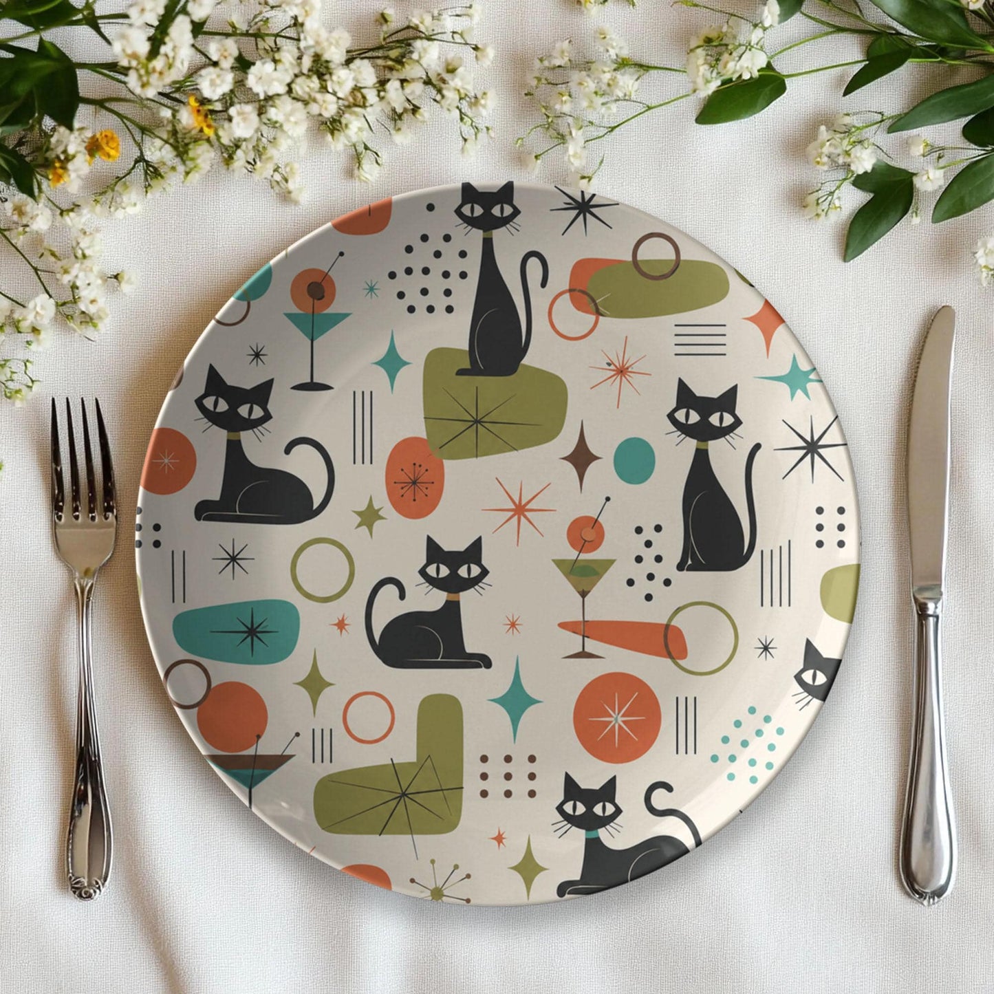Mid-Century Cat Plates | 10-Inch Unbreakable Dinnerware for Kitty Lovers, Vintage Style