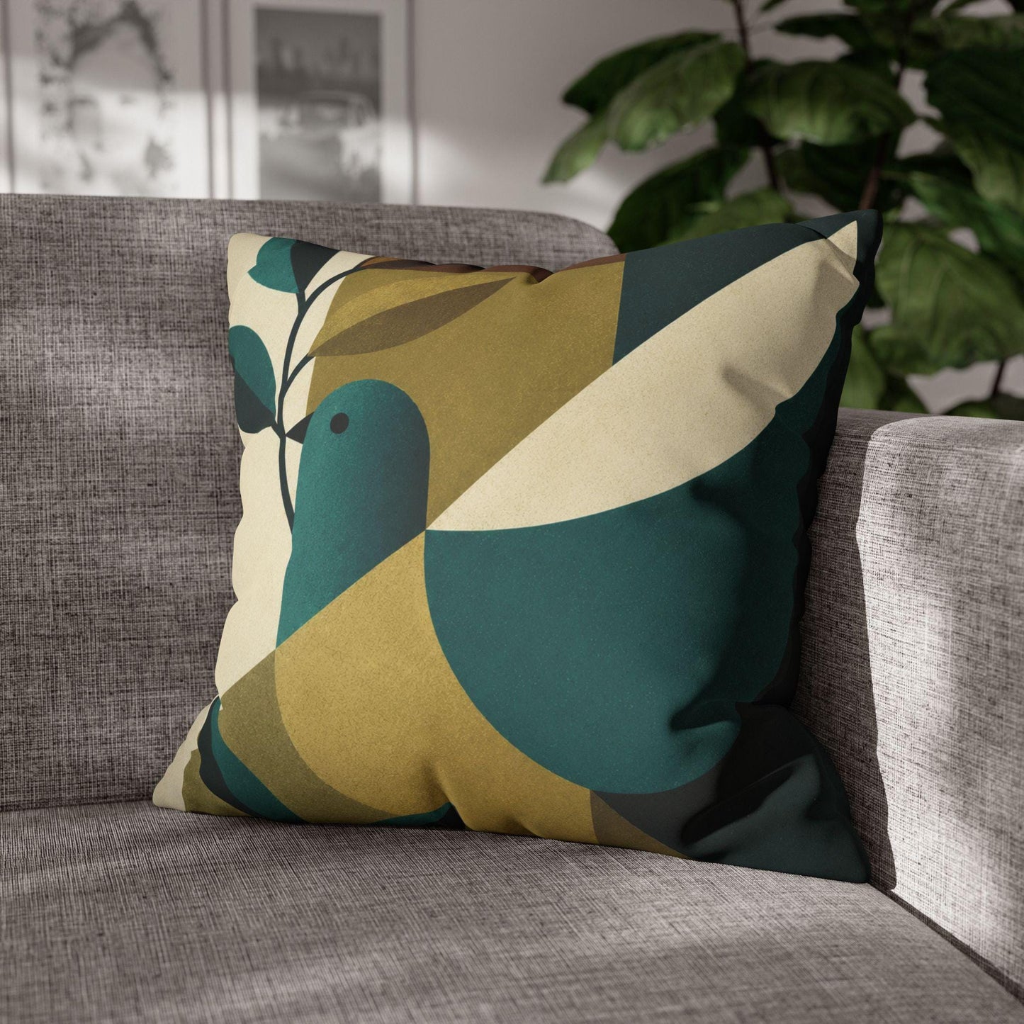 Mid-Century Bird Pattern Faux Suede Square Pillowcase