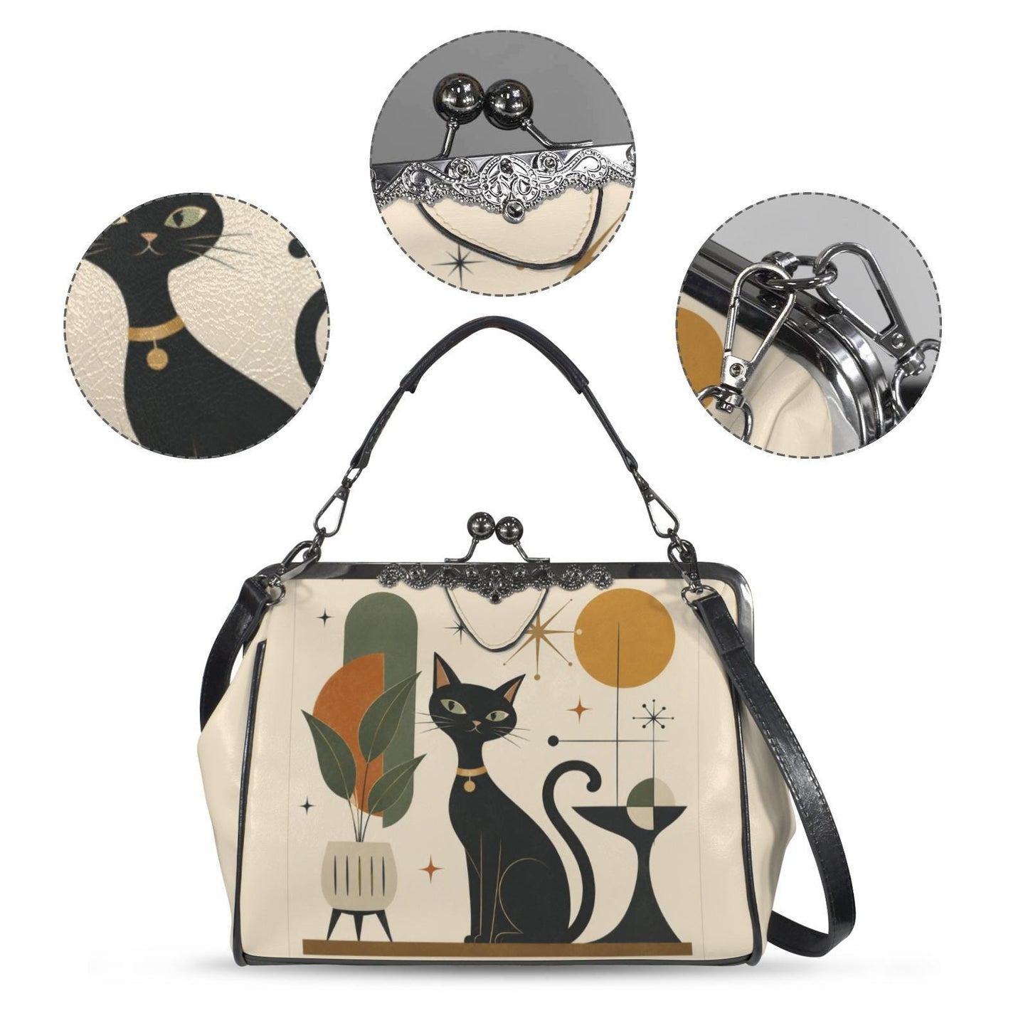 Mid-Century Cat Kiss Lock Purse Kisslock Crossbody Shoulder Bag