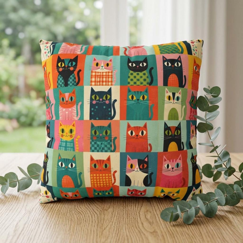 Colorful Retro Cat Pattern Faux Suede Pillowcase, Square Throw Pillow Cover