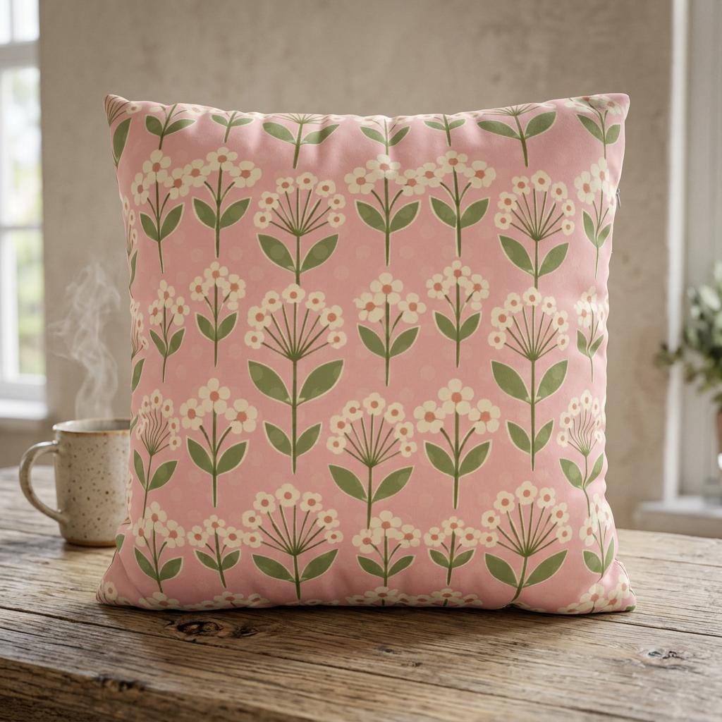 Pink Floral Pattern Faux Suede Pillowcase | Square Throw Pillow