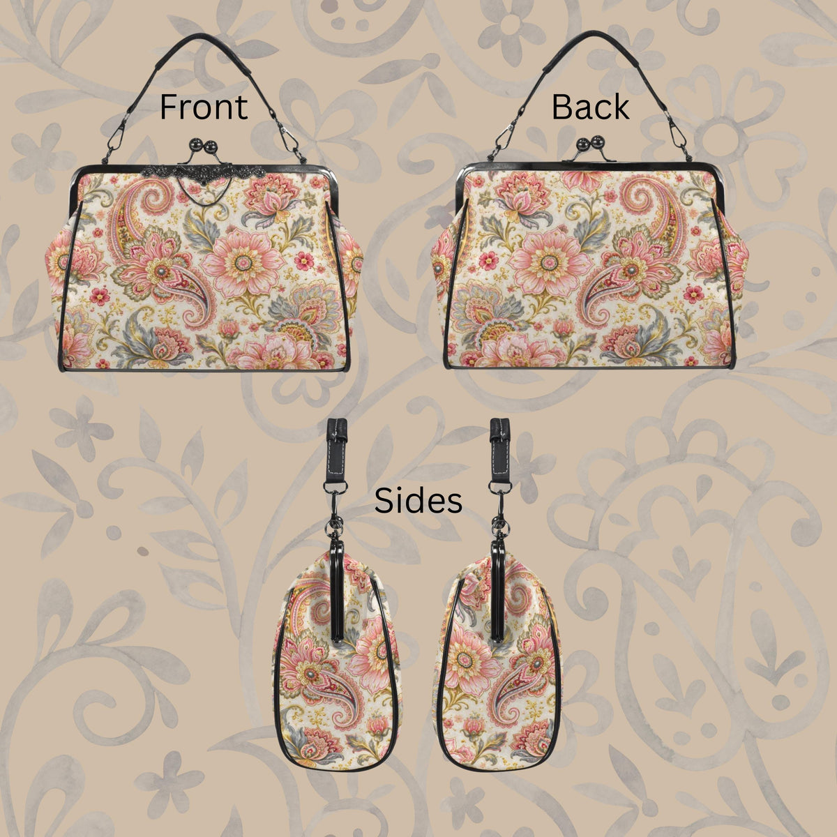 Vintage Floral Purse, Waxed PU Leather Kiss Lock Handbag with Removable Strap