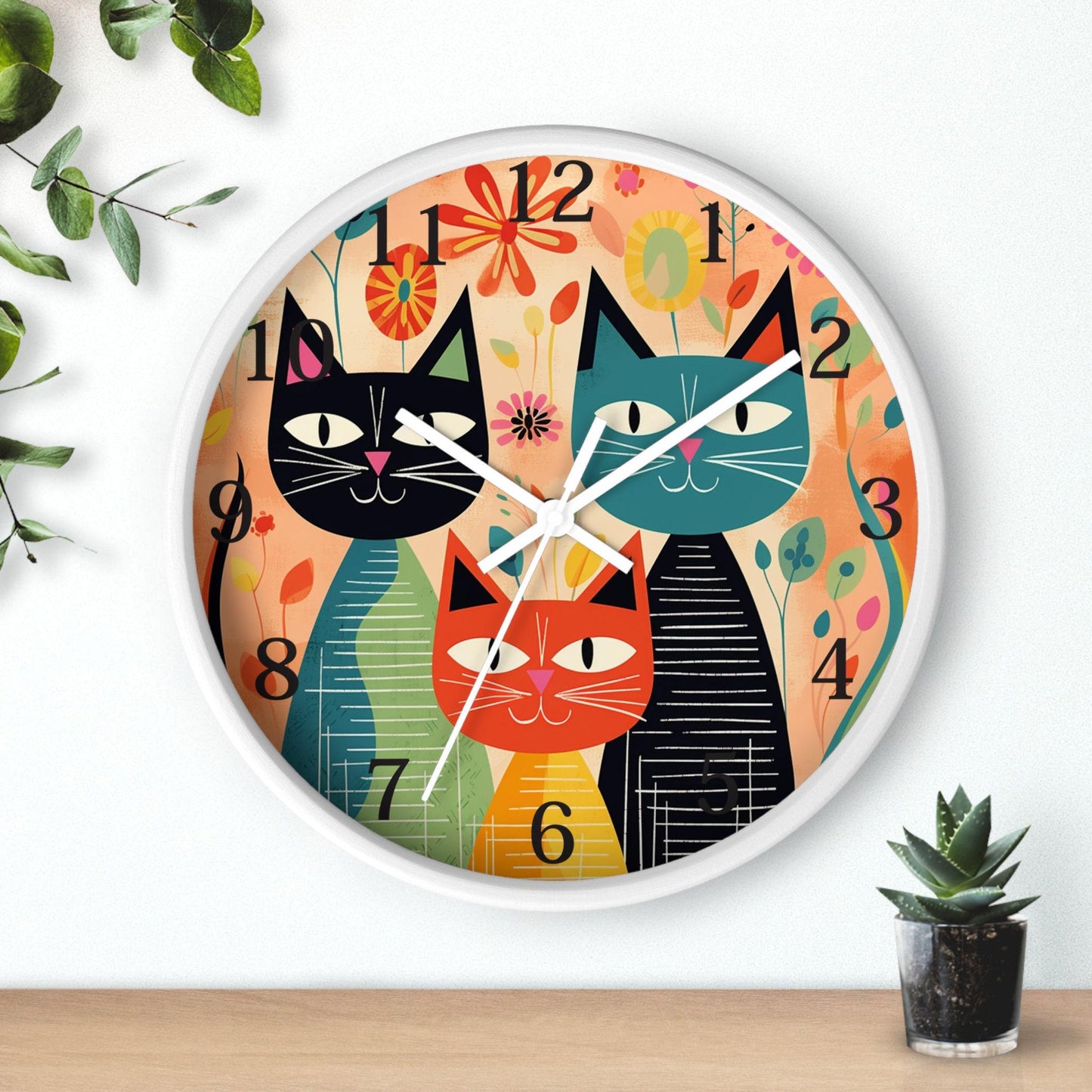 Feline Wall Clock, Retro Cat Design in Mid-Century Style for Home Decor