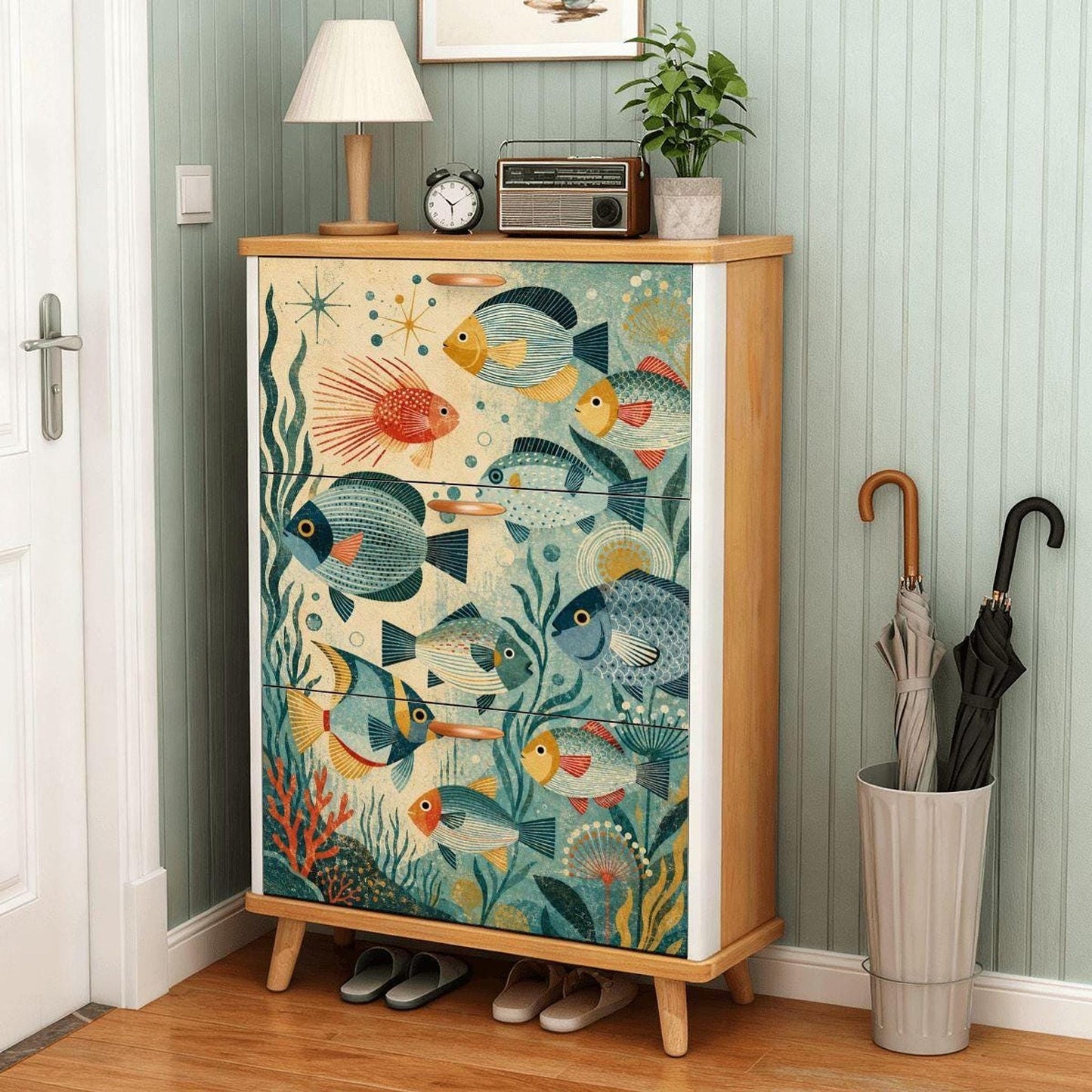 Retro Shoe Cabinet with Ocean Scene, Nautical Storage for Up to 22 Pairs