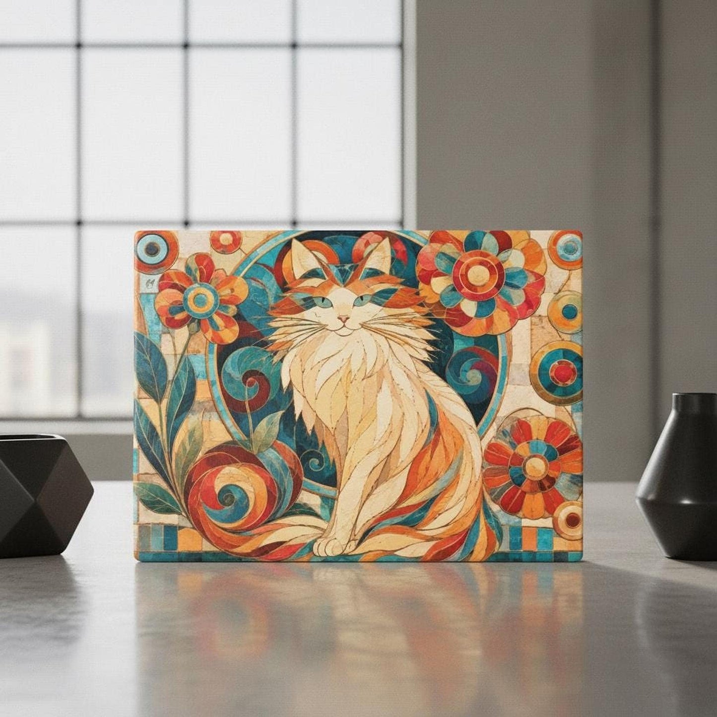 Whimsical Floral Cutting Board with Colorful Cat Design, Tempered Glass Kitchen Art
