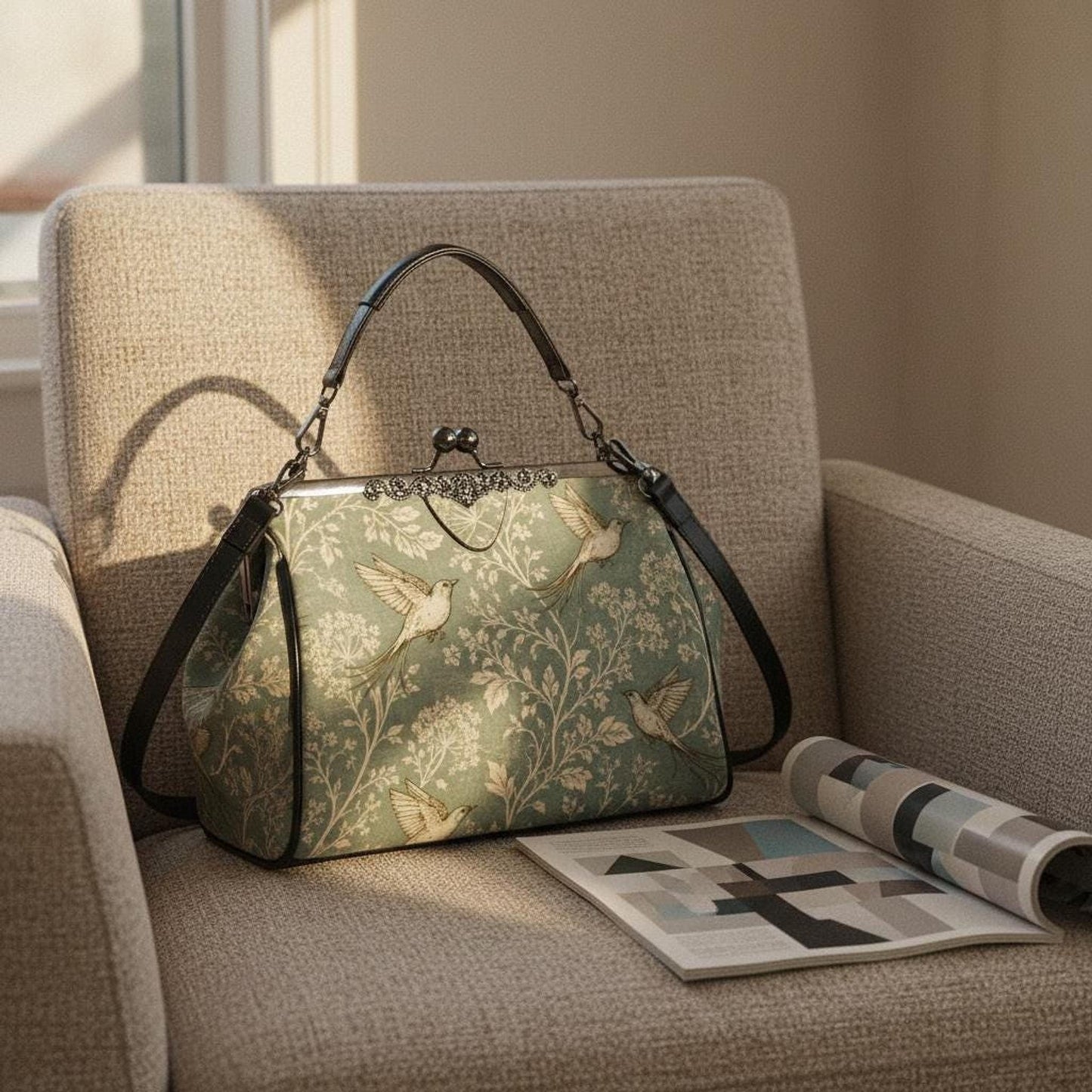 Kiss Lock Purse, Blue Bird Crossbody Bag in Vintage Waxed PU Leather