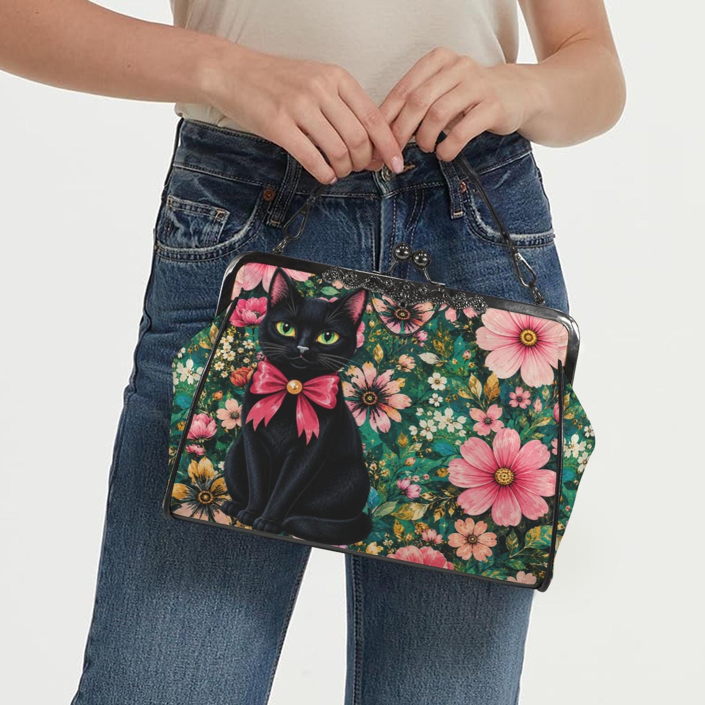 Floral Cat Crossbody Bag with Kisslock Closure, Vintage Charm, Waxed PU Leather