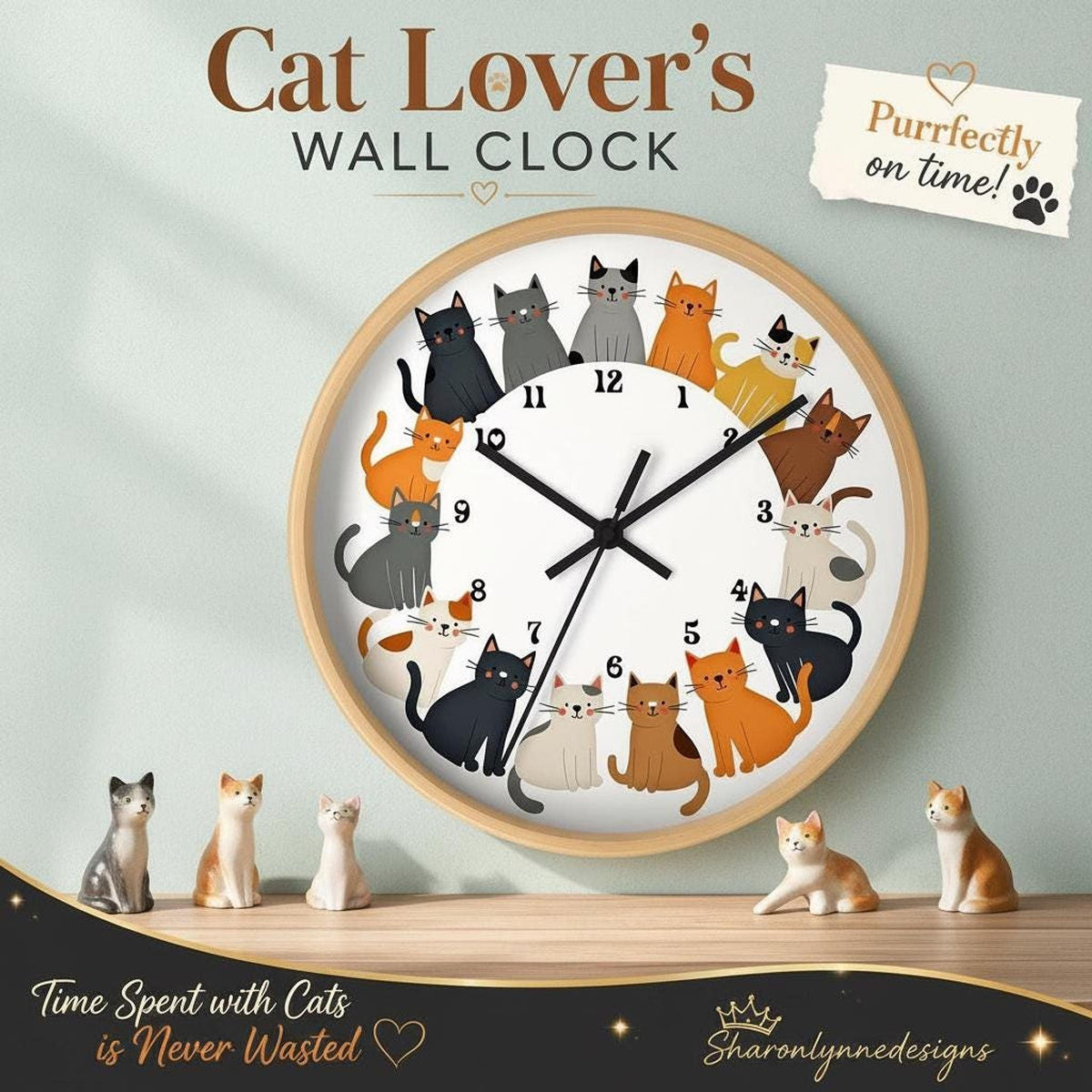 Cat Wall Clock: Playful Kitty Decor with Colorful Design and Wood Frame