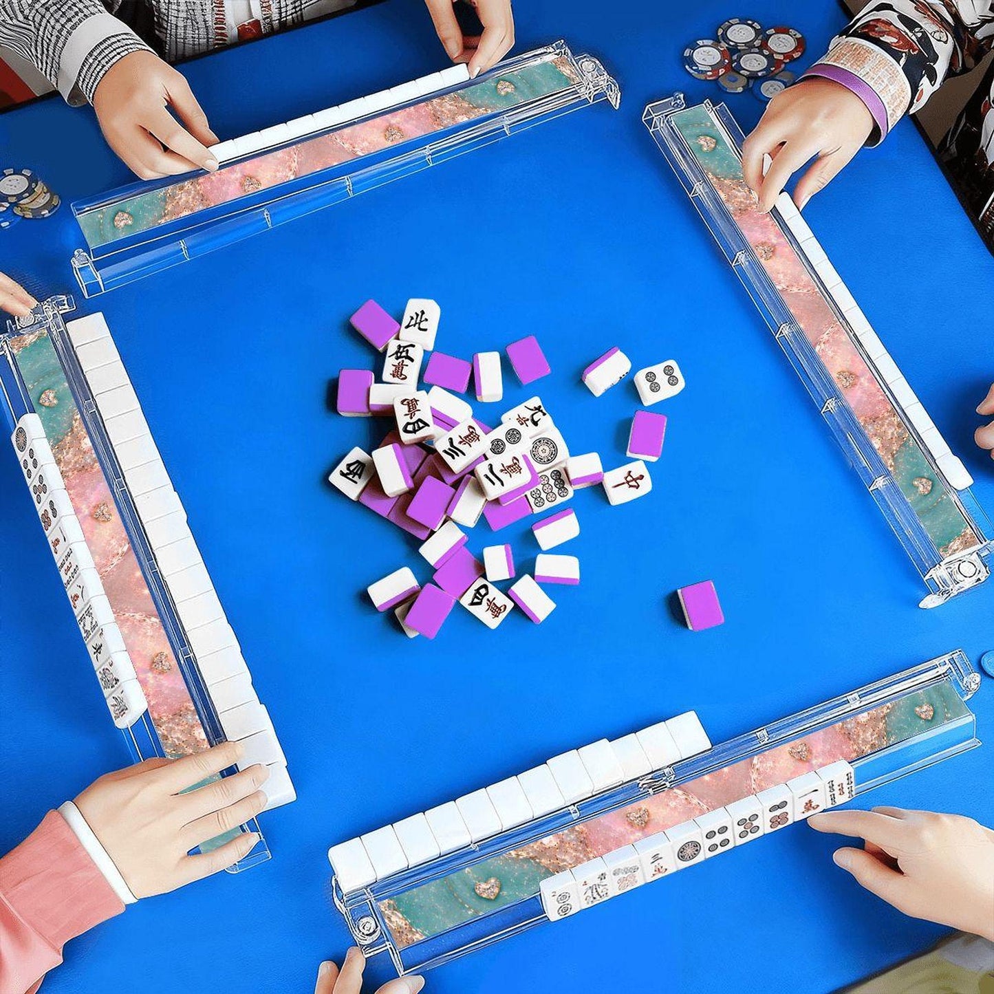 Mahjong Pusher Rack Set, Opal Heart Design with 4 Durable