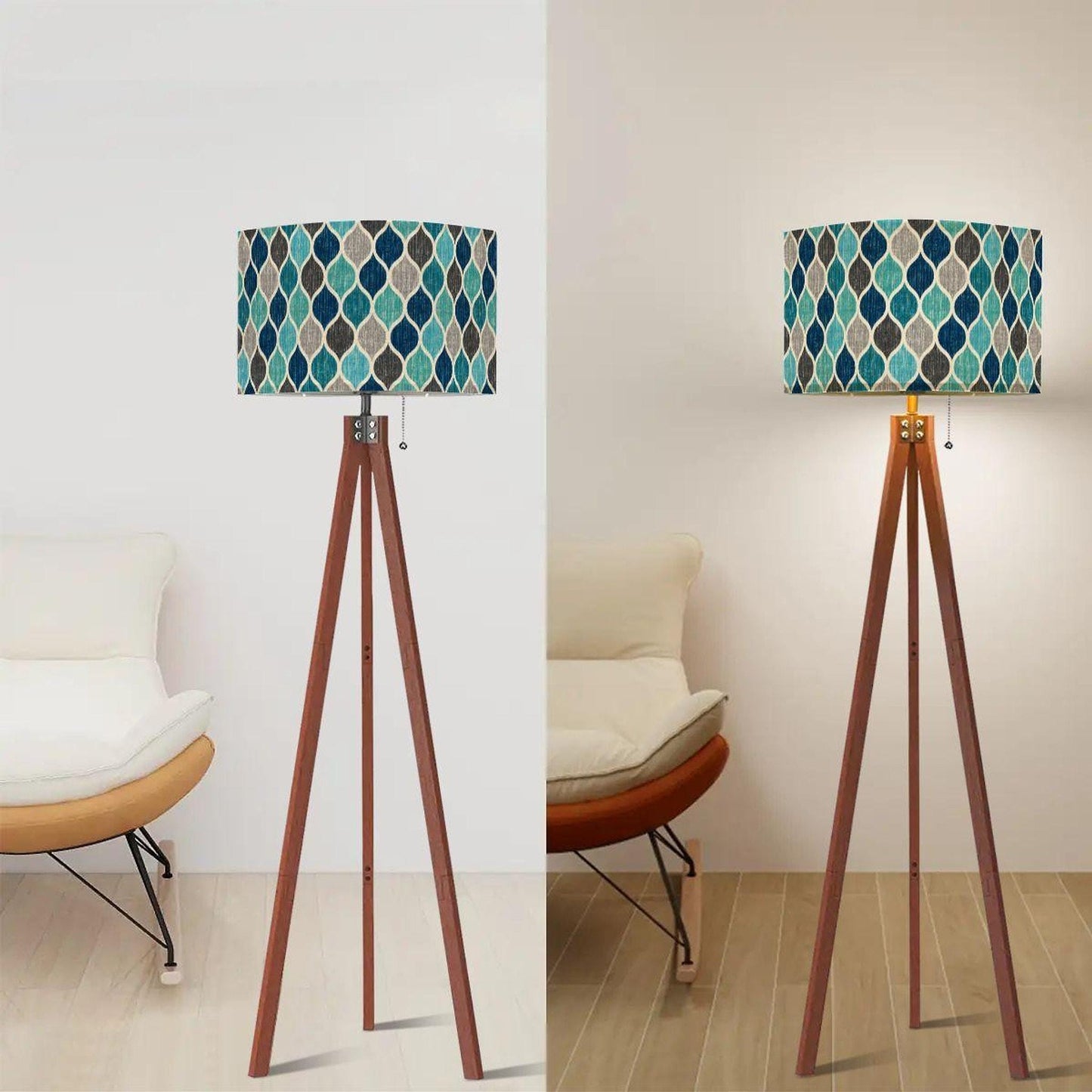 Mid Century Lamp with Ocean Mosaic Shade, Tripod Floor for Living Room