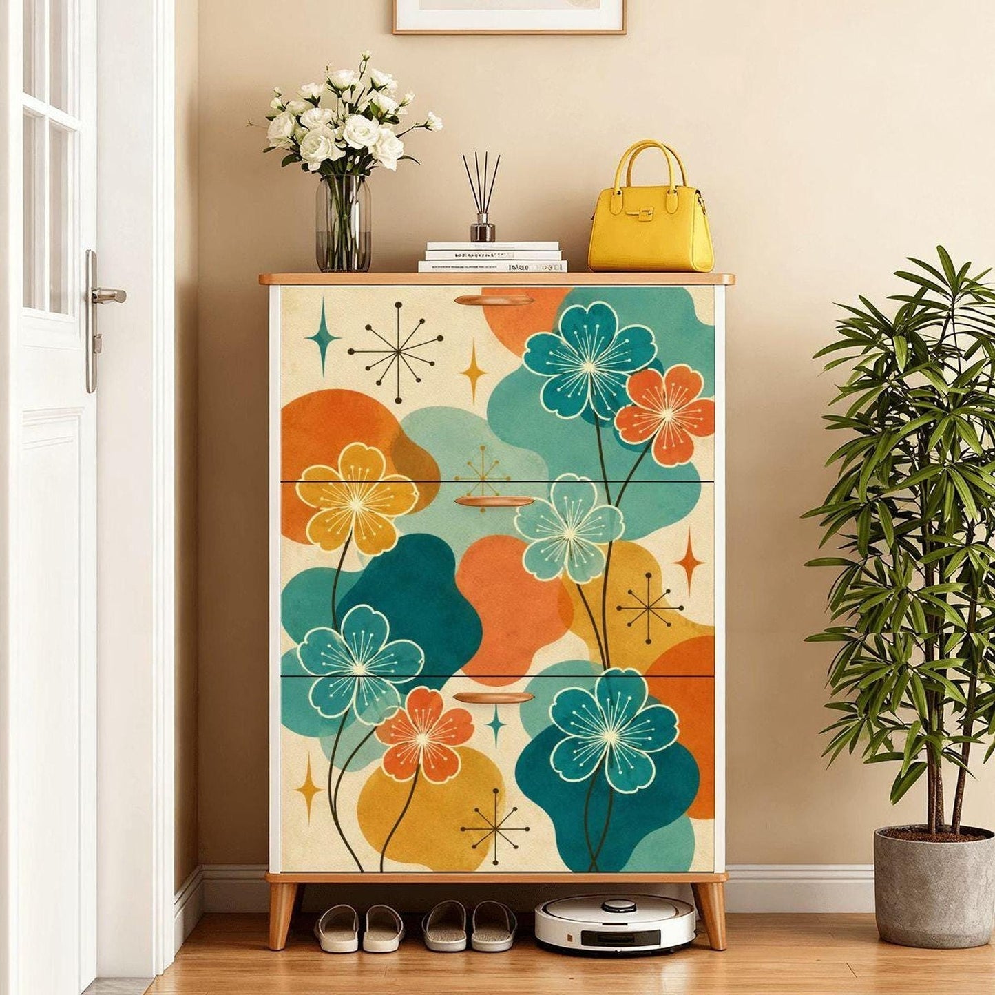 Mid Century Cabinet with Floral Design | Retro Entryway Shoe Rack for Stylish Storage