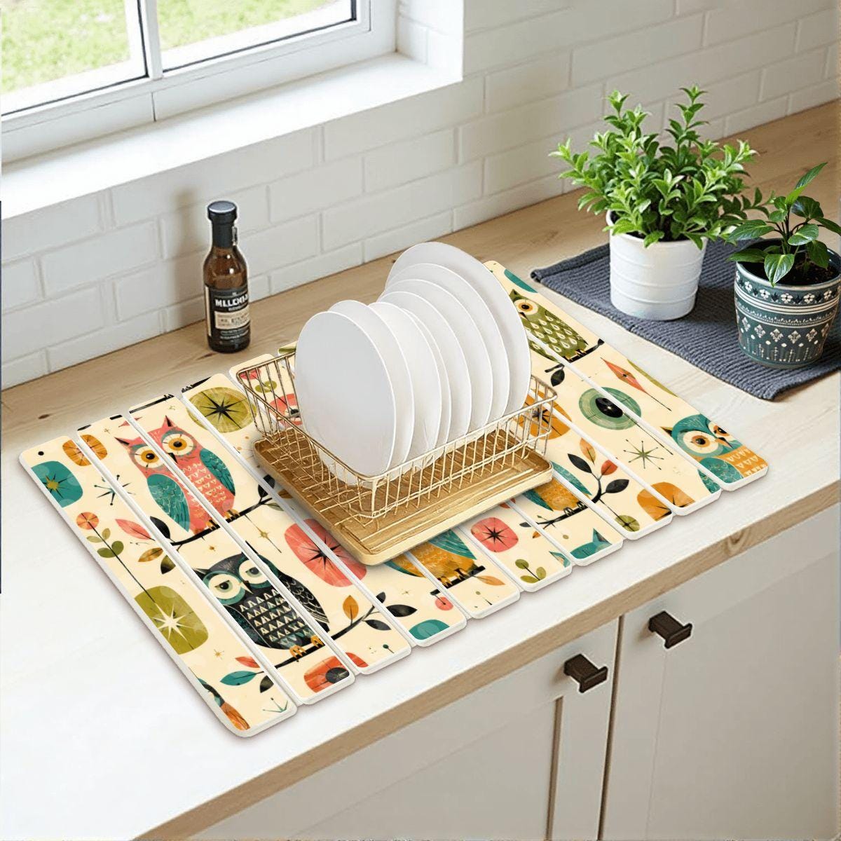 Retro Owl Diatomaceous Earth Drying Mat | Vintage Style Kitchen Bathroom Absorbent Countertop Mat