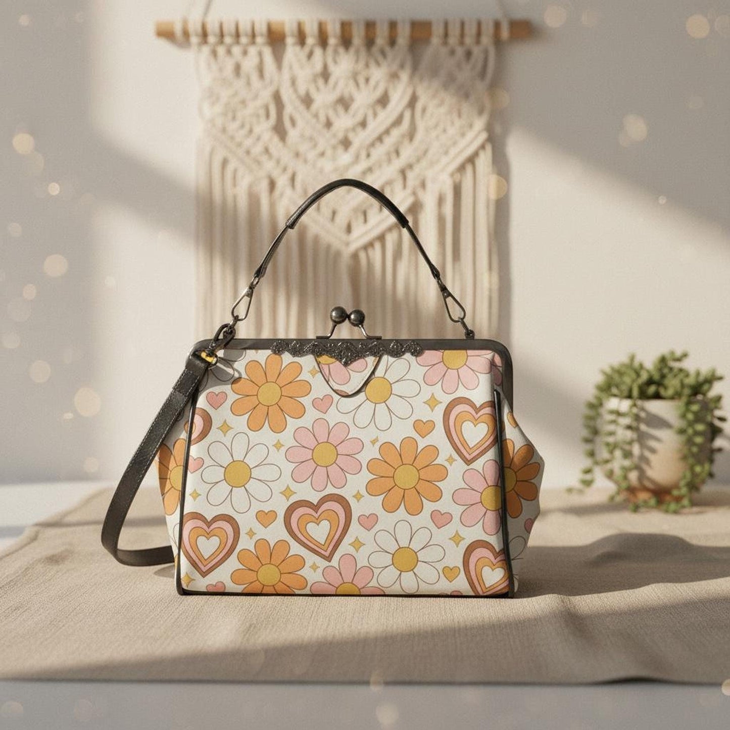 Daisy Hearts Kiss Lock Bag | Retro Floral Crossbody Purse with Classic Clasp