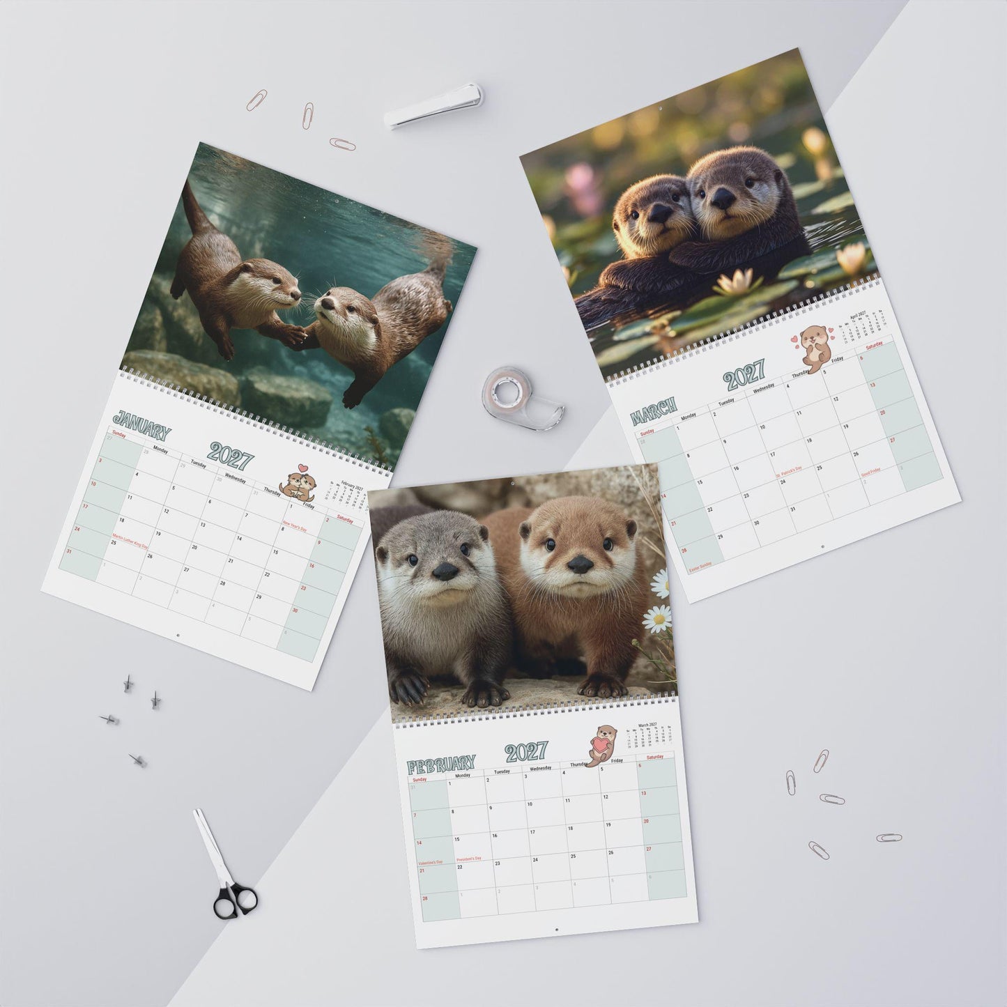 Sea Otters Wall Calendar Monthly Blank Grid Wildlife Photography Nature Marine Animal Decor Gift