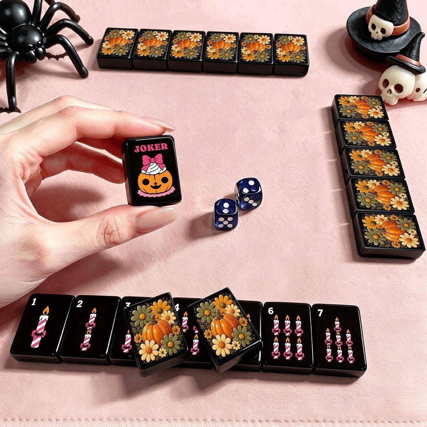 Pumpkin Mahjong Floral Halloween Tiles, American Set with Decorative Design, for Game Night