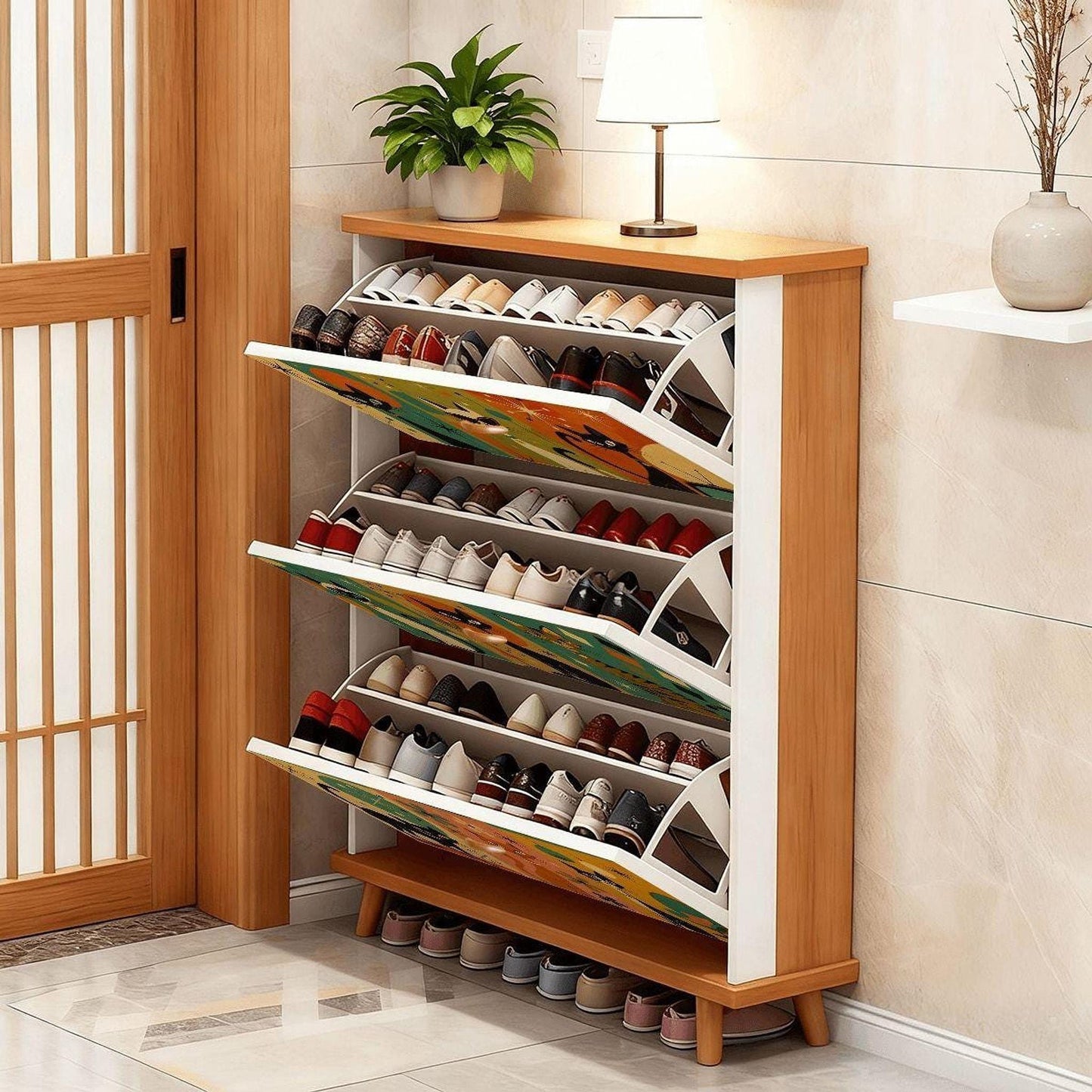 Shoe Storage Cabinet with Retro Cat Design, Mid-Century Modern Entryway Organizer
