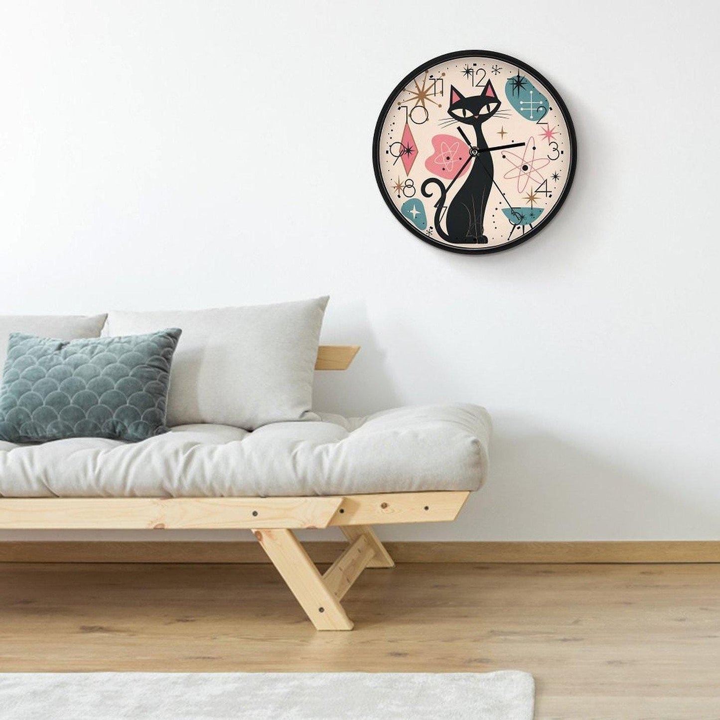 Cat Wall Clock with Retro Design, 10-Inch Silent Non-Ticking Decor