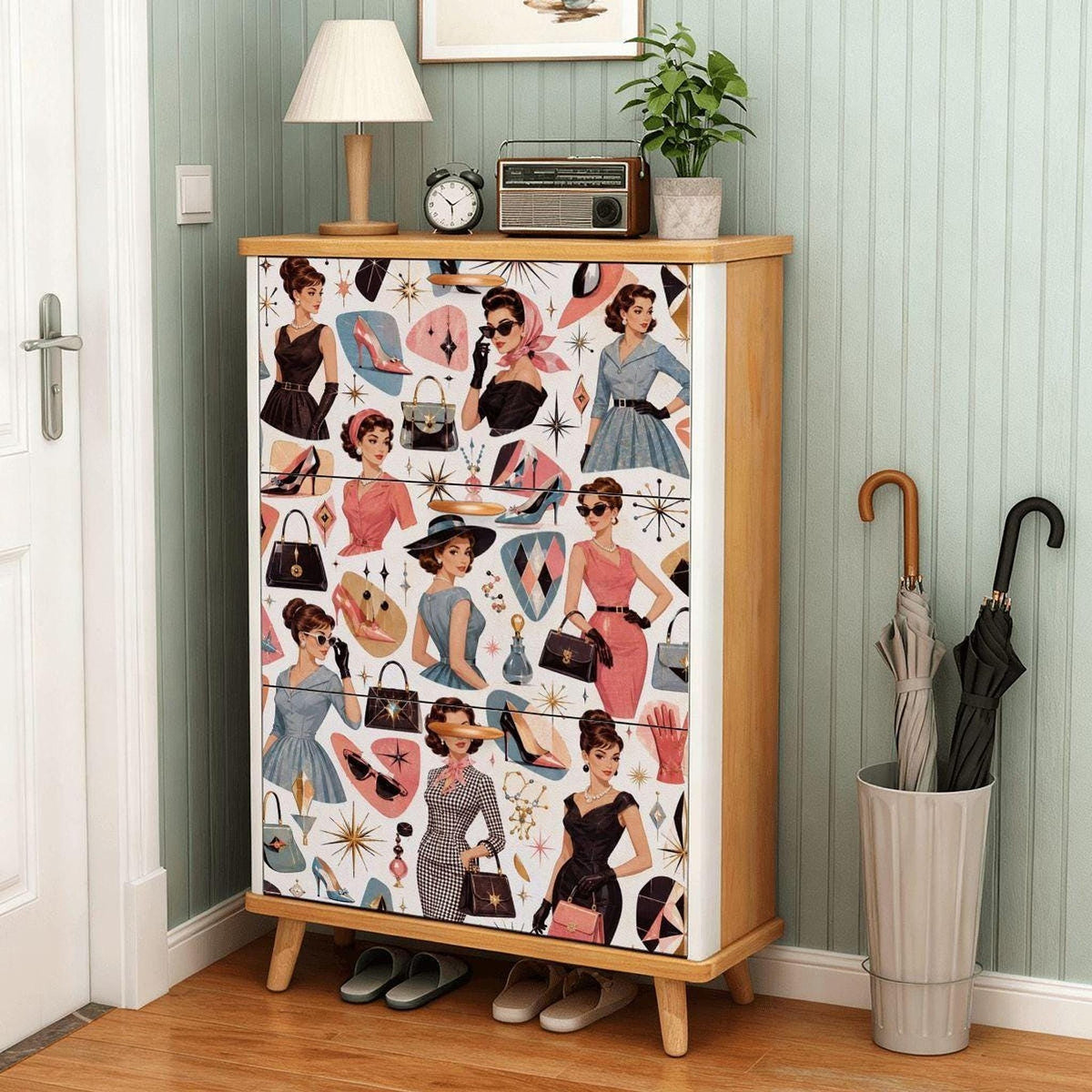 Retro Shoe Cabinet – Stylish MDF Storage Organizer with UV-Printed Artwork