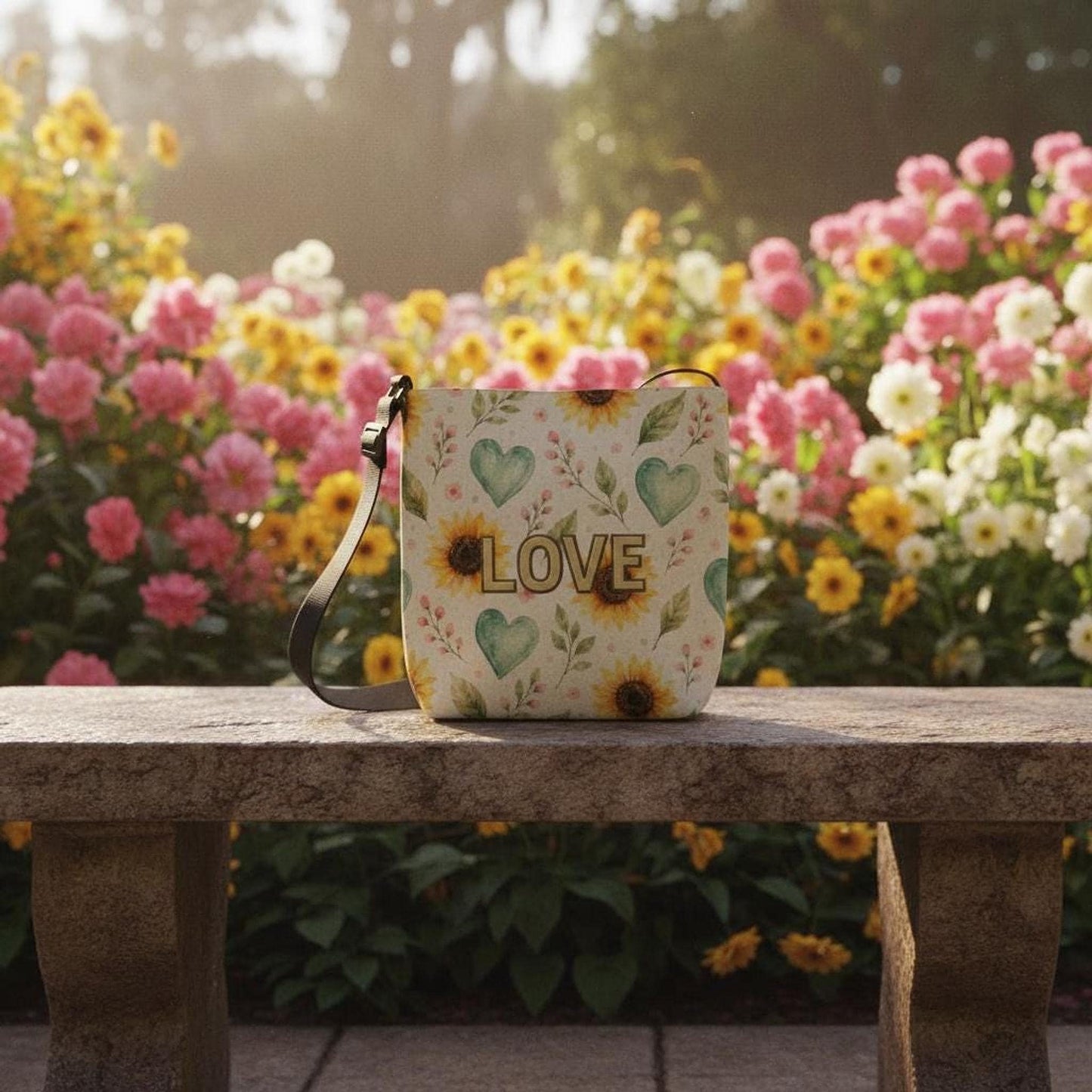 Sunflower Tote Bag with Adjustable Strap, Watercolor Hearts Design