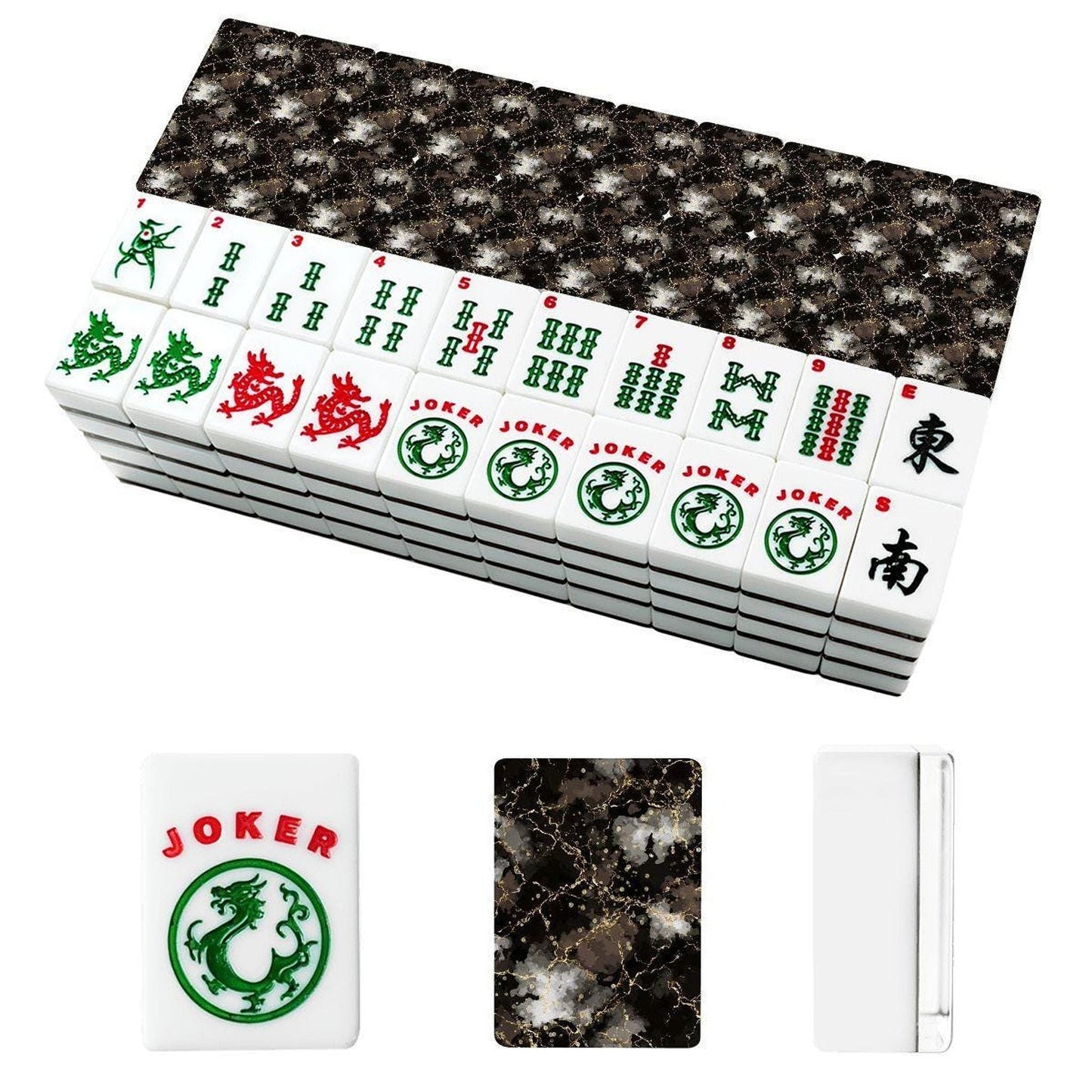 Mahjong Tile Set, Black Gold Marble Acrylic Game with Stone-Look Finish