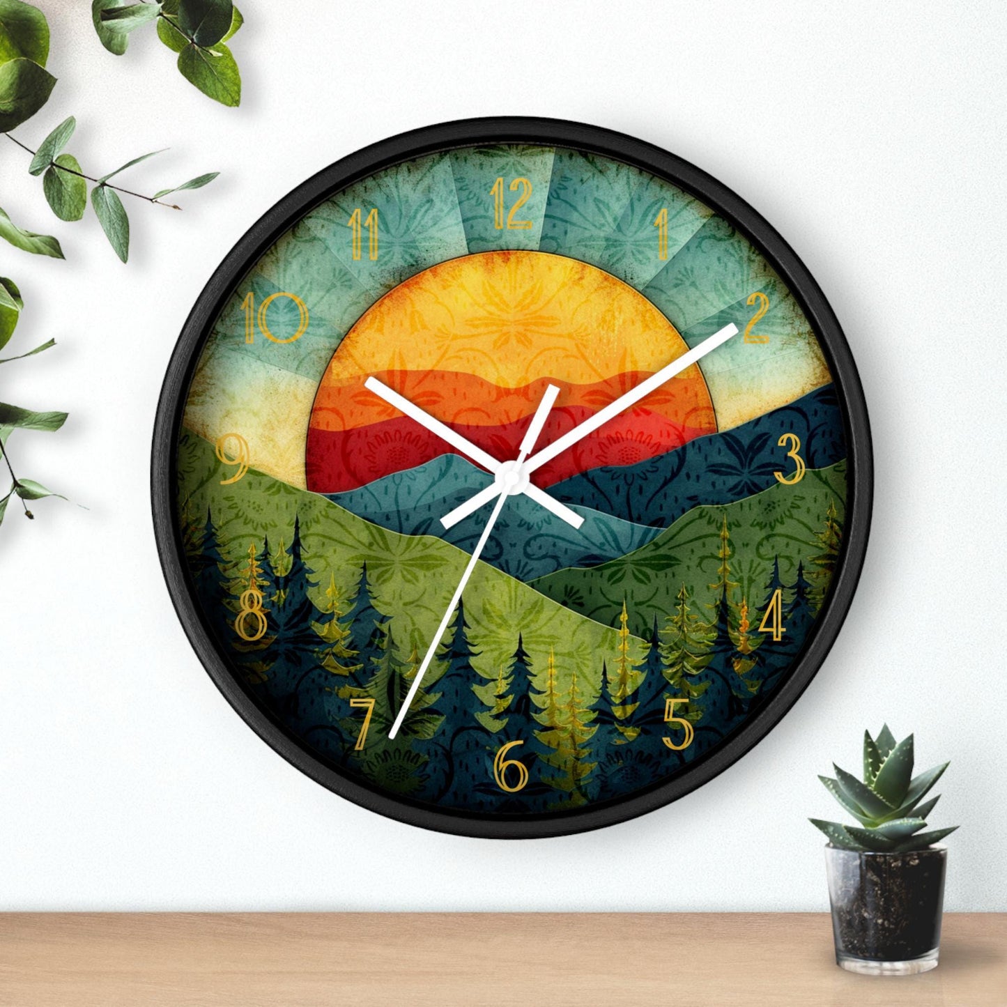 Mountain Wall Clock, Sunset Design with Silent Movement in Plexiglass