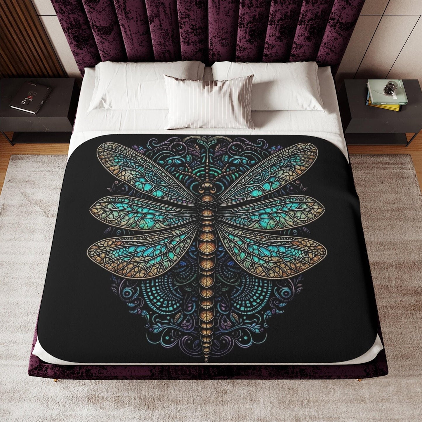 Dragonfly Throw Blanket, Plush Sherpa in Beige & Black for Cozy Decor