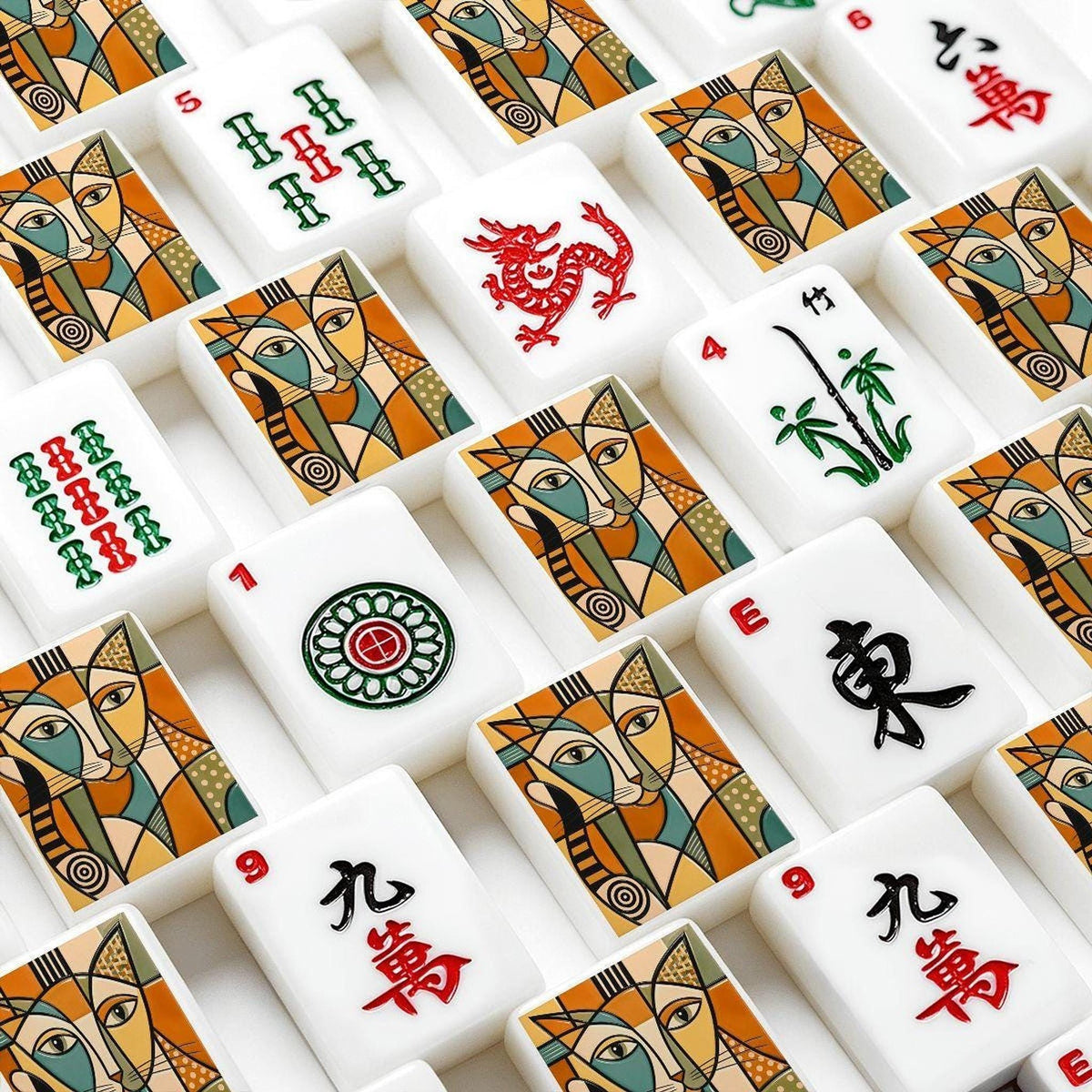 Mod Mosaic Mahjong Set, Cubist Cat Acrylic Tiles, Geometric Design (166-Piece)