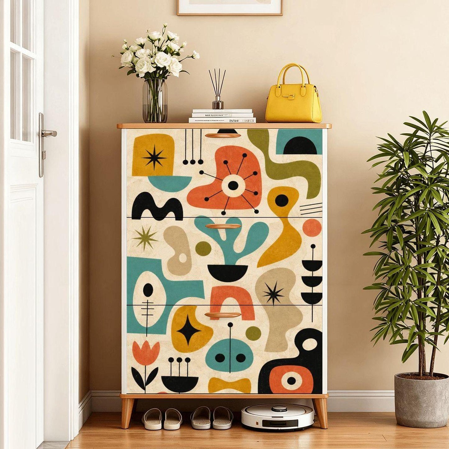 Shoe Storage Cabinet with Retro Design, Mid-Century Modern Entryway Organizer