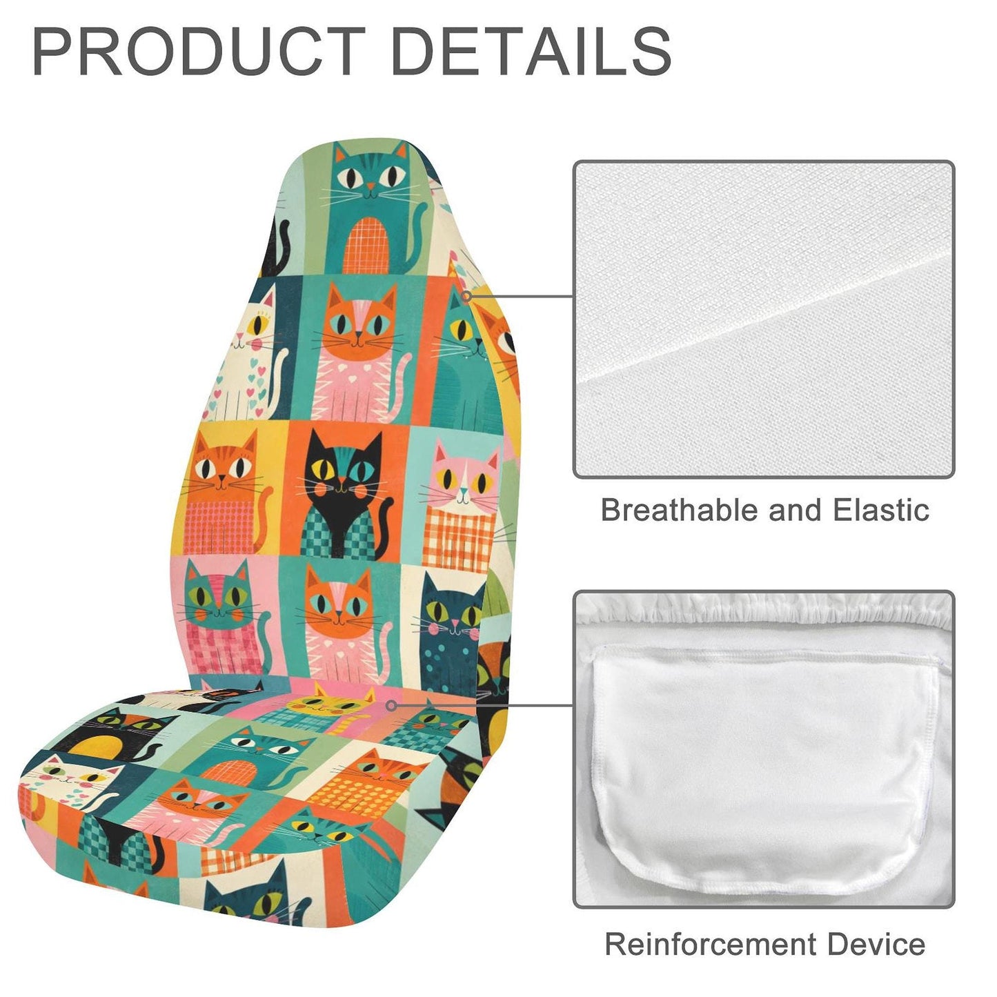 Retro Car Seat Cover, Colorful Cats Design, Universal Fit and Machine Washable