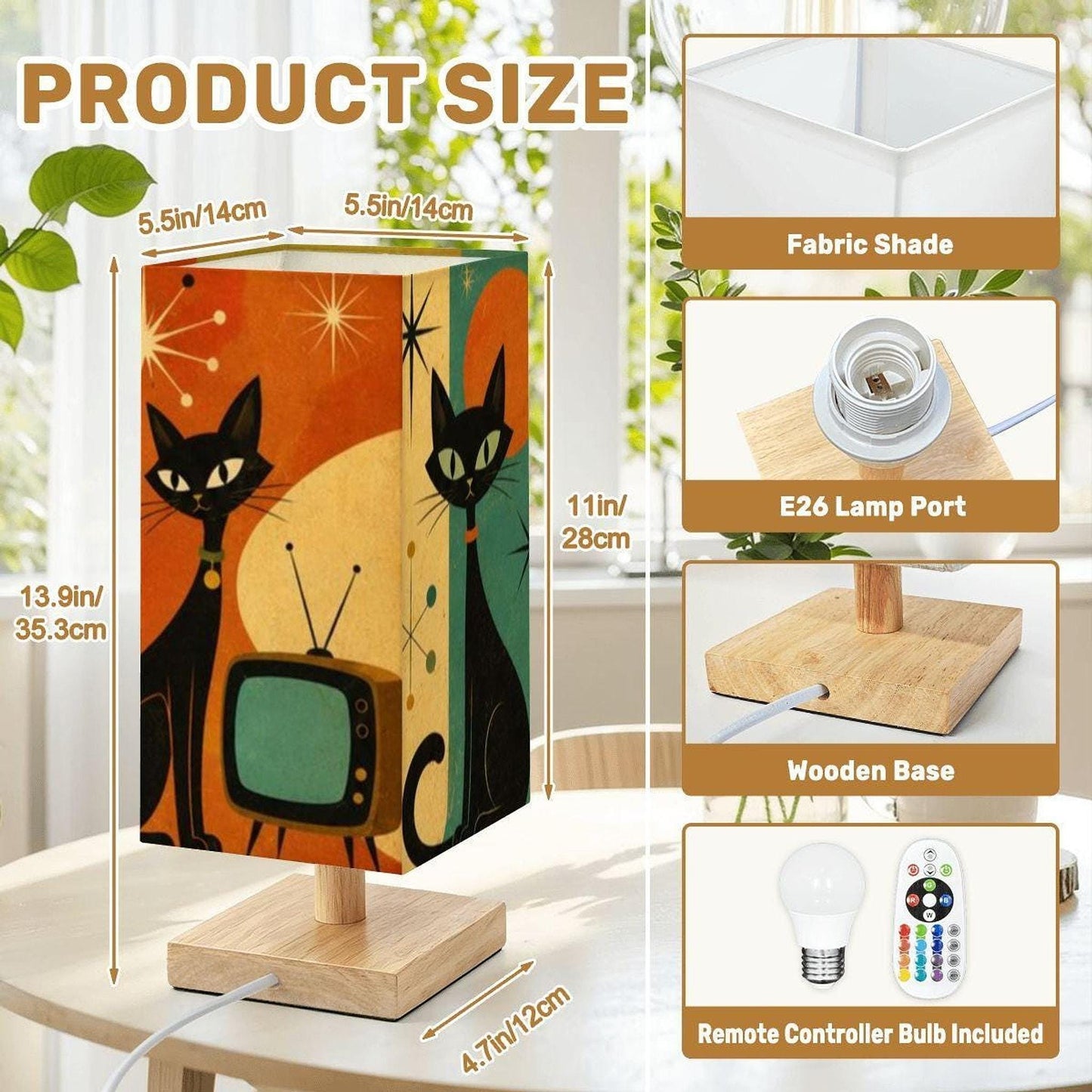 Retro Cat Lamp, Large Square Table with Colorful Artwork