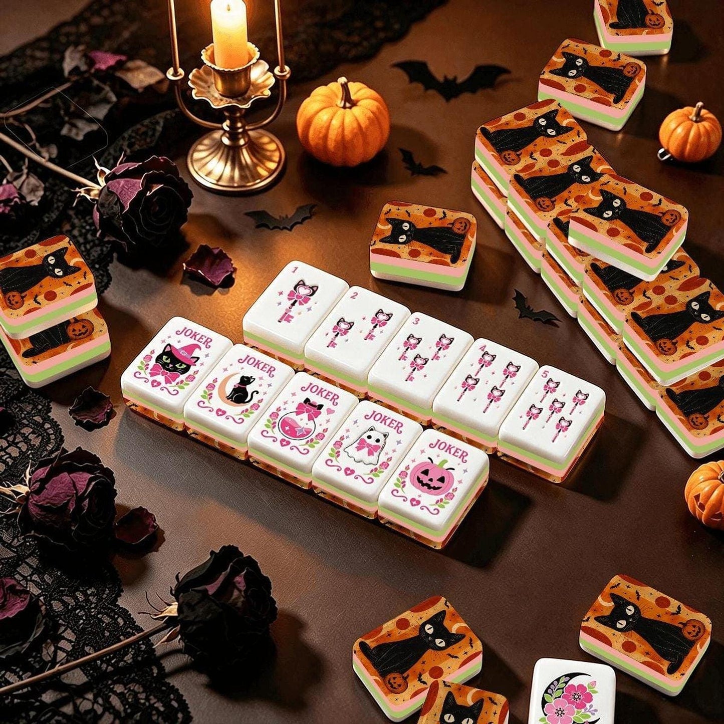 Halloween Mahjong Cat Tiles, 160-Piece Acrylic Set with Spooky Designs