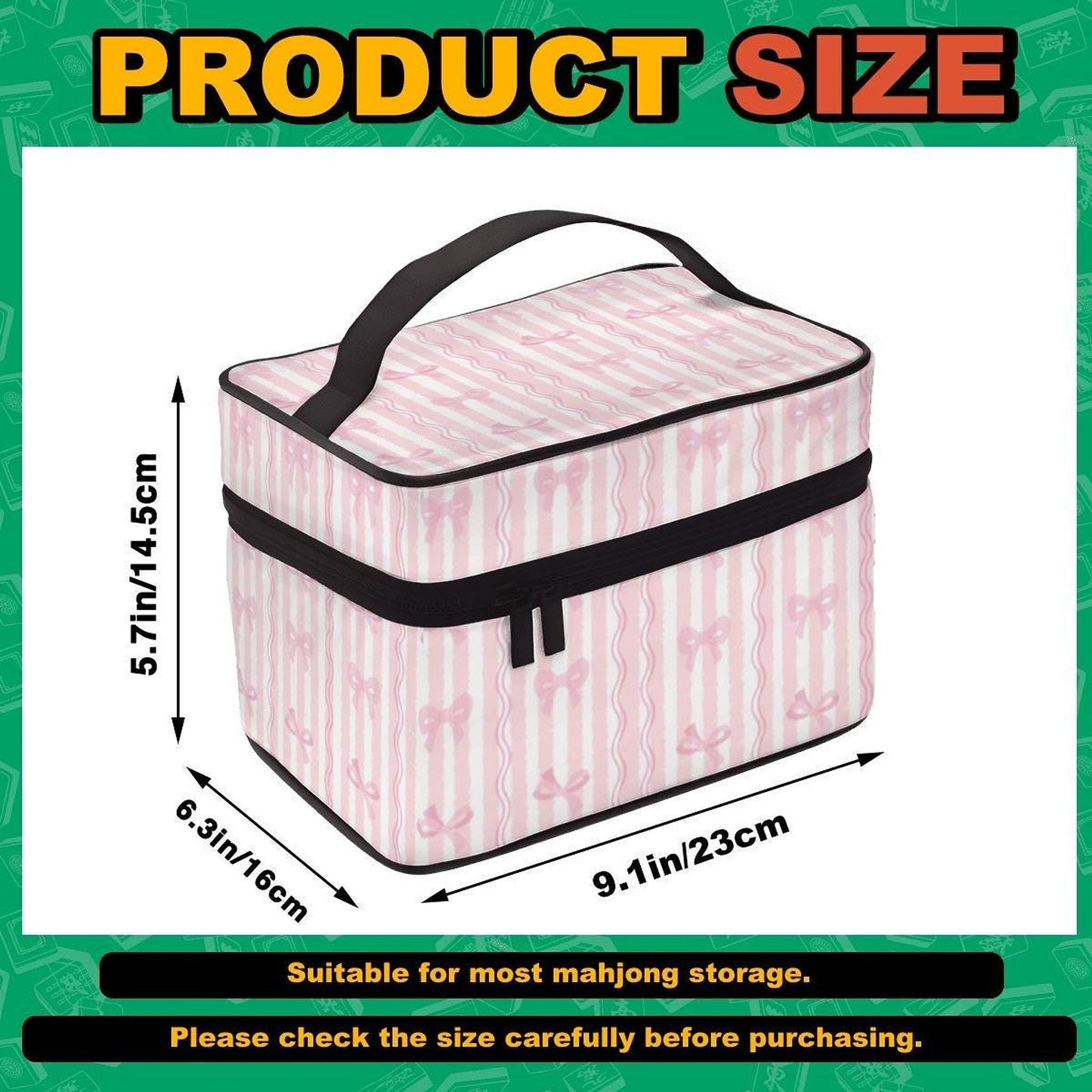 Pink Mahjong Bag with Stripes and Bows, Durable Storage Tote for Game Nights