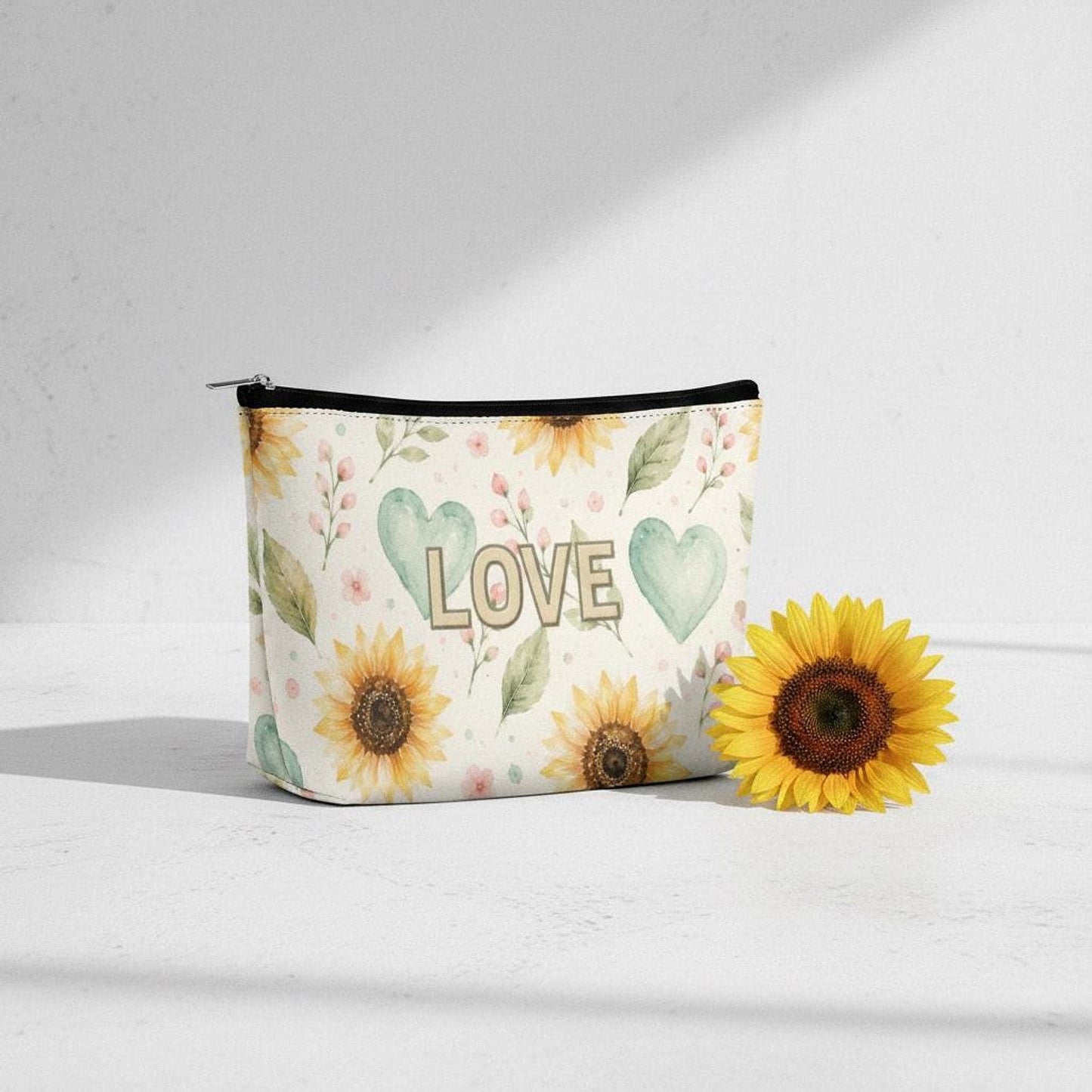 Sunflower Mahjong Makeup Bag, Watercolor Floral Cosmetic Pouch with Durable Zipper