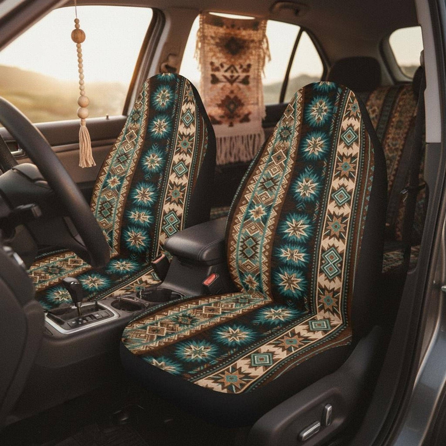 Southwestern Car Seat Covers, Aztec Pattern in Brown and Teal