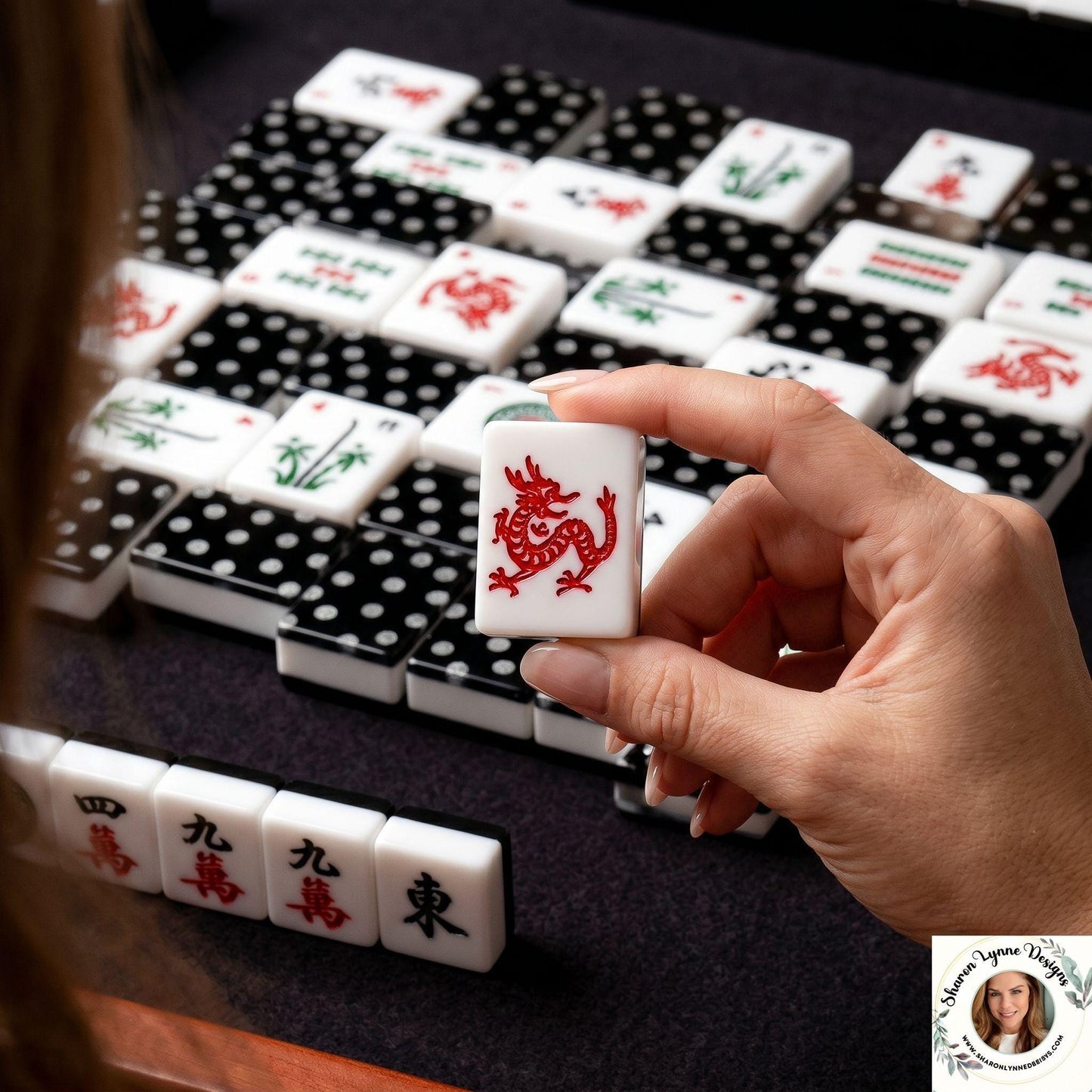 American Mahjong Set, Black Dot Tiles Complete Game Set for Stylish Play
