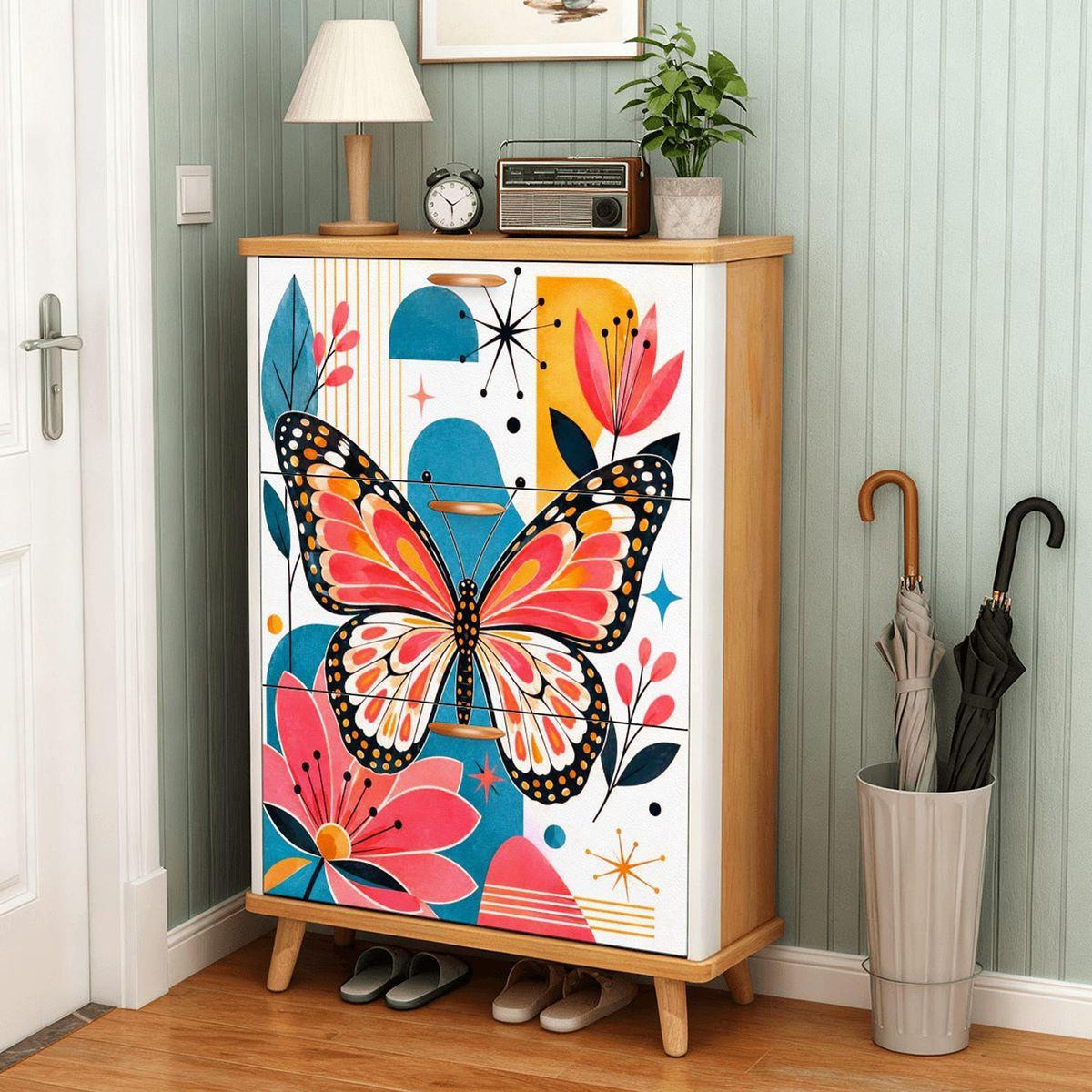 Butterfly Shoe Storage Unit | Mid-Century MDF Organizer for 12-22 Pairs