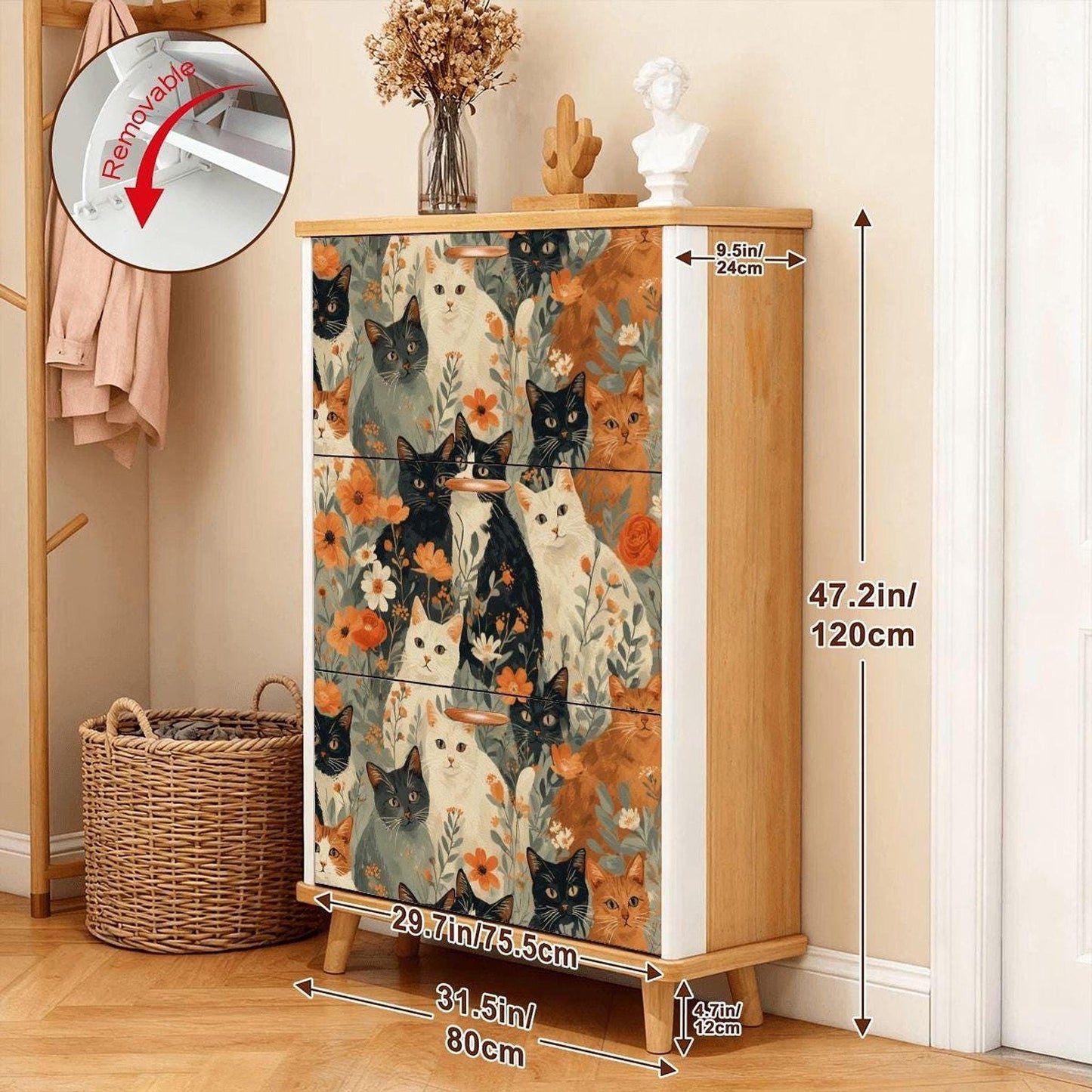 Cat Shoe Cabinet | Vintage MDF Wood Storage Organizer with Charming Cat Design