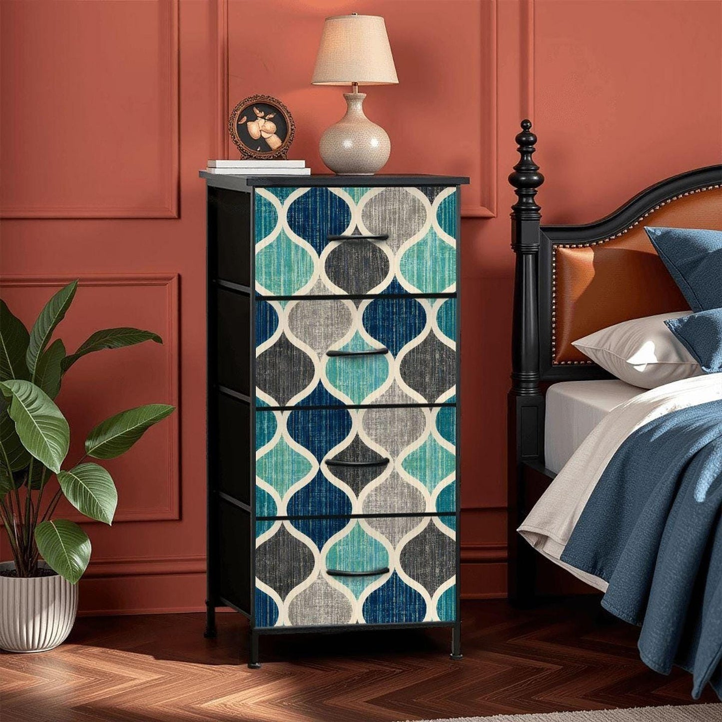 Mid-Century Dresser with Ocean Mosaic Design, 4 Drawer Compact Storage Solution