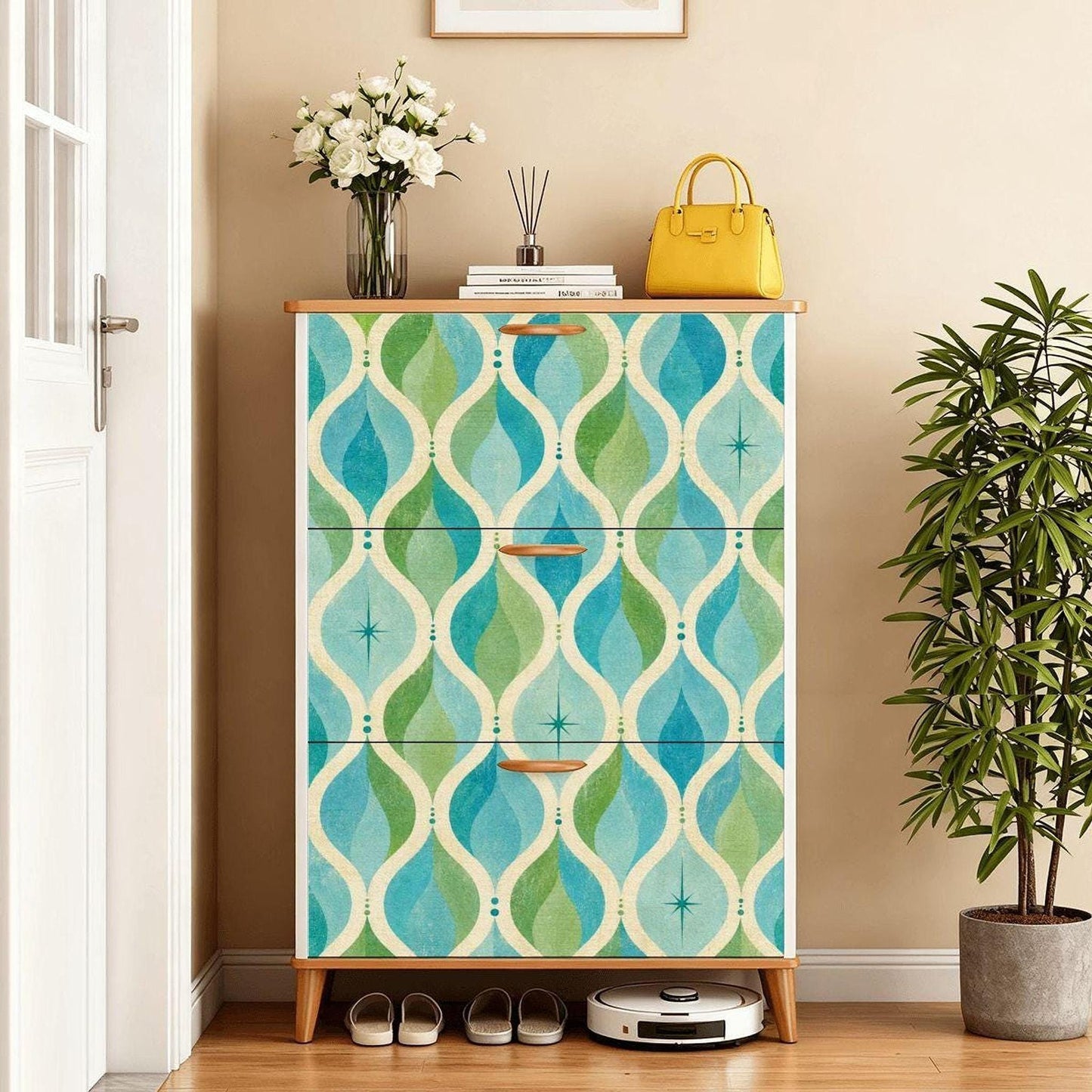 Entryway Shoe Cabinet – Blue & Green Mid-Century Modern Storage Organizer