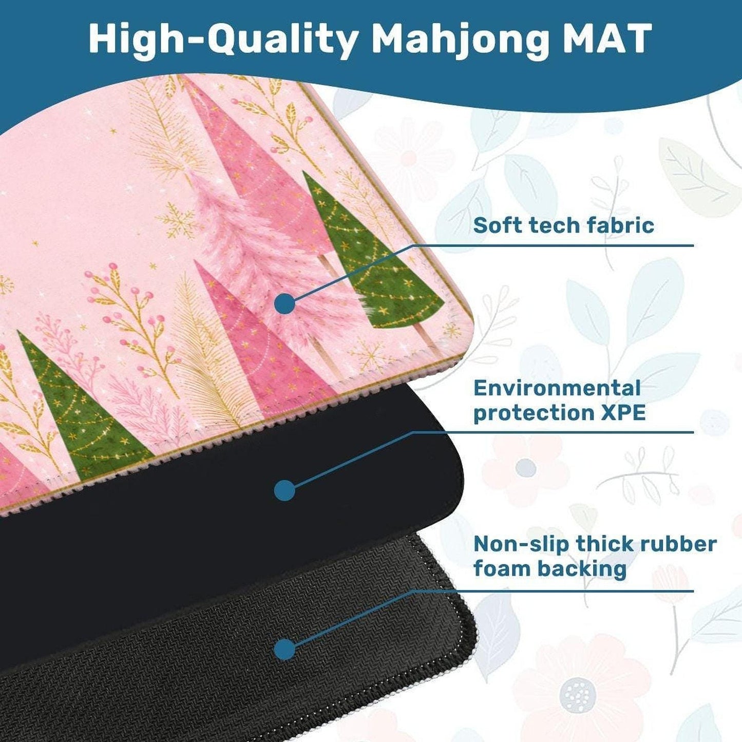 Pink Mahjong Mat 33"x33" with Christmas Tree Design and Non-Slip Backing