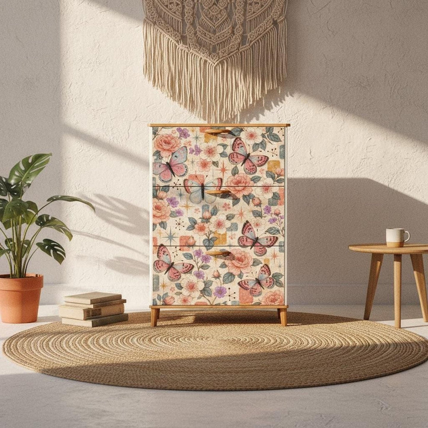Retro Shoe Cabinet with Butterfly Design, Floral MDF Storage and Adjustable Shelves