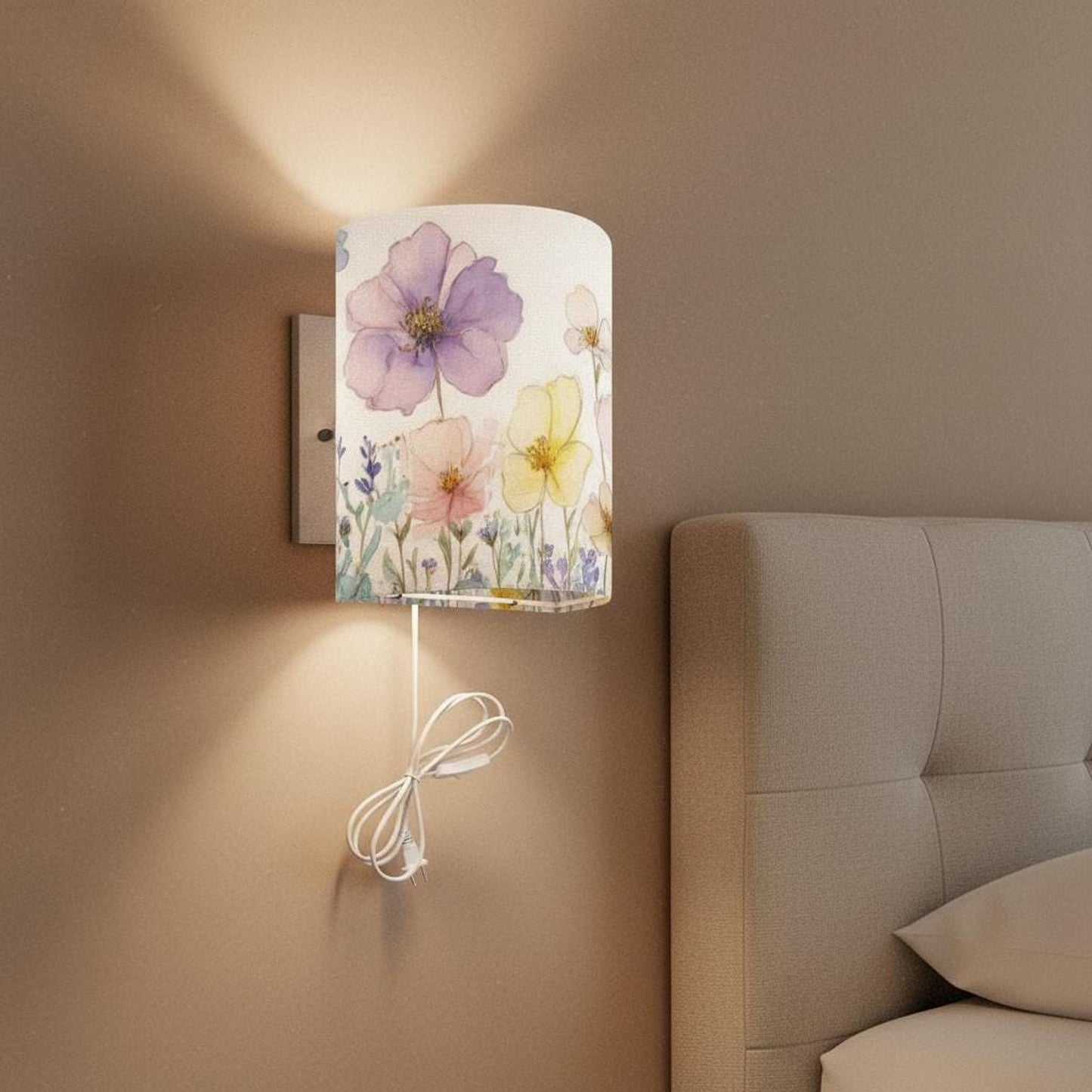 Floral Wall Sconces Set of Two, Decorative Plug-In Lighting in Metal and Linen