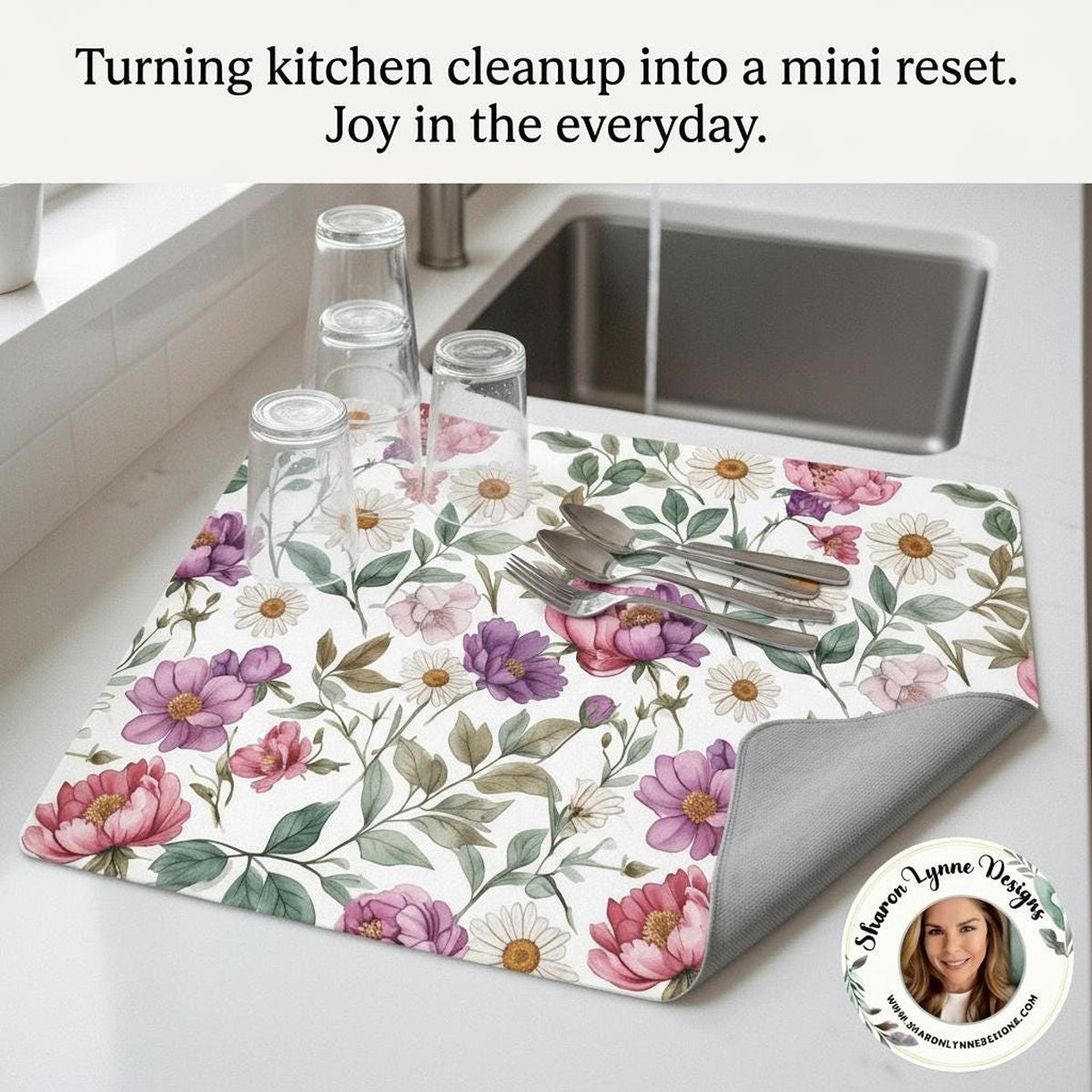 Floral Drying Mat, Large Microfiber Kitchen Pad with Spring Flower Print (24 x 18 Inches)