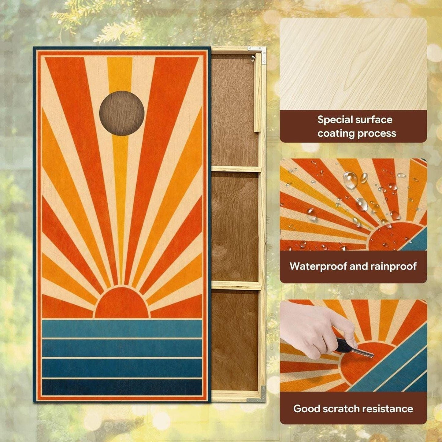 Sun Rays Cornhole Board Set, Retro Wooden Game with 8 Bean Bags & Carry Bag