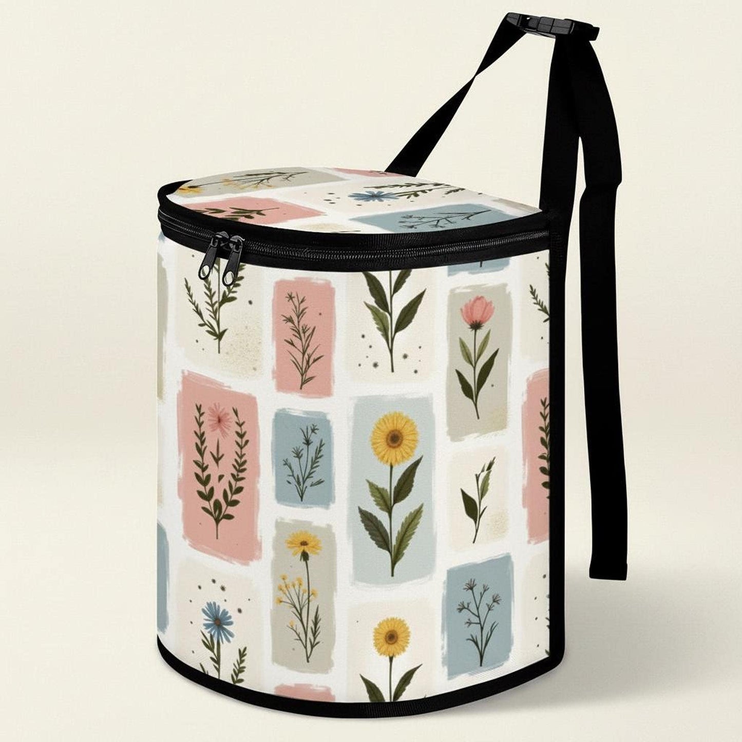 Floral Car Trash Bag, Bucket-Shaped Vehicle Waste Container with Waterproof Lining