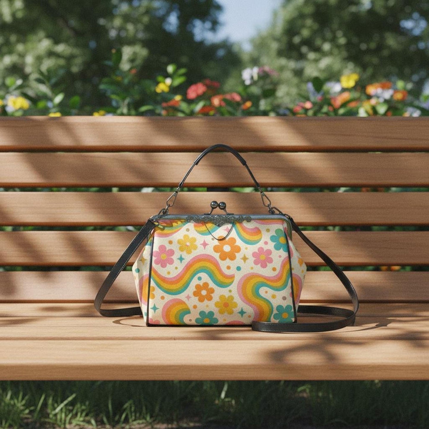 Rainbow Purse, Vintage Floral Kiss Lock Crossbody Handbag