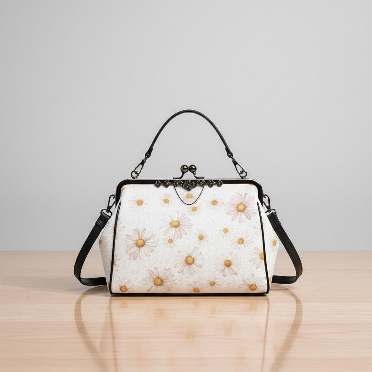 Daisy Crossbody Handbag, Vintage PU Leather Floral Purse with Kiss Lock Clasp