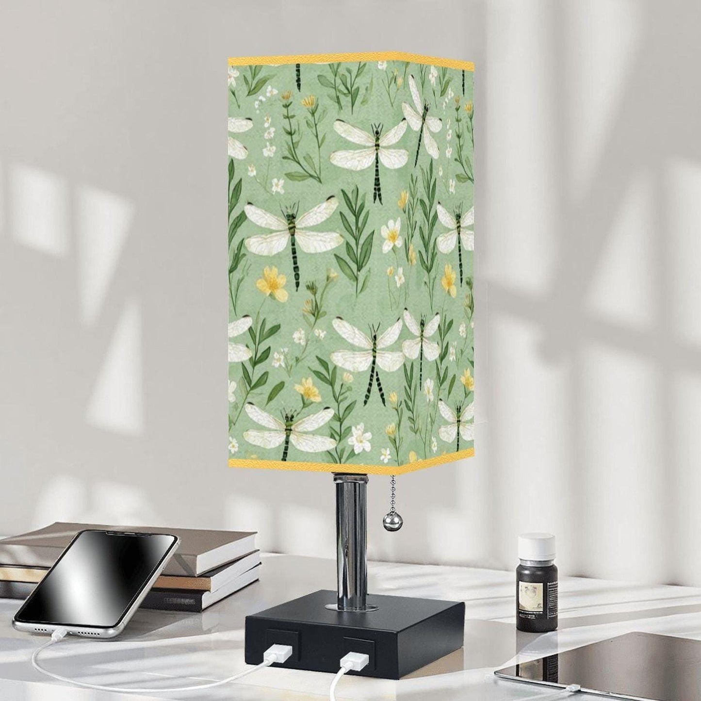 Dragonfly Table Lamp with USB Port, Gold Trim and Linen Shade - Modern Nightstand Lighting