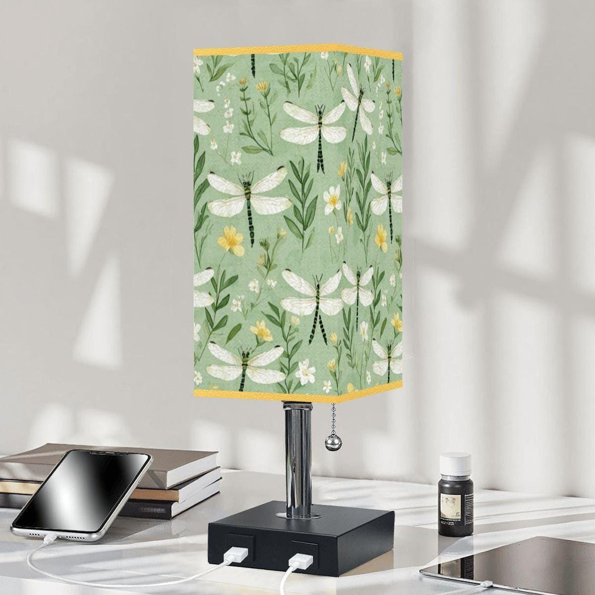 Dragonfly Table Lamp with USB Port, Gold Trim and Linen Shade - Modern Nightstand Lighting
