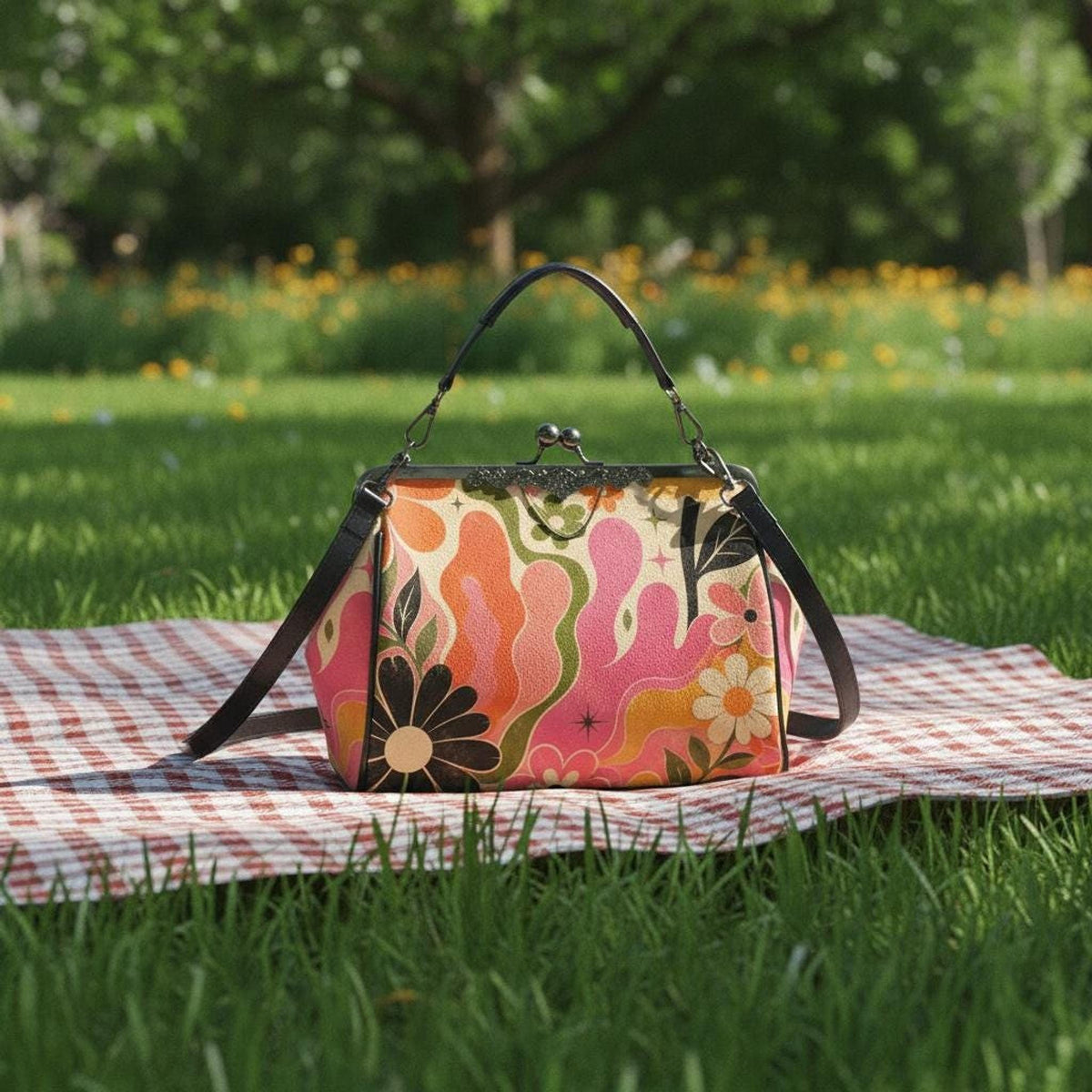 Groovy Retro Kiss Lock Bag | Vintage-Inspired Waxed PU Leather Crossbody & Top Handle Purse